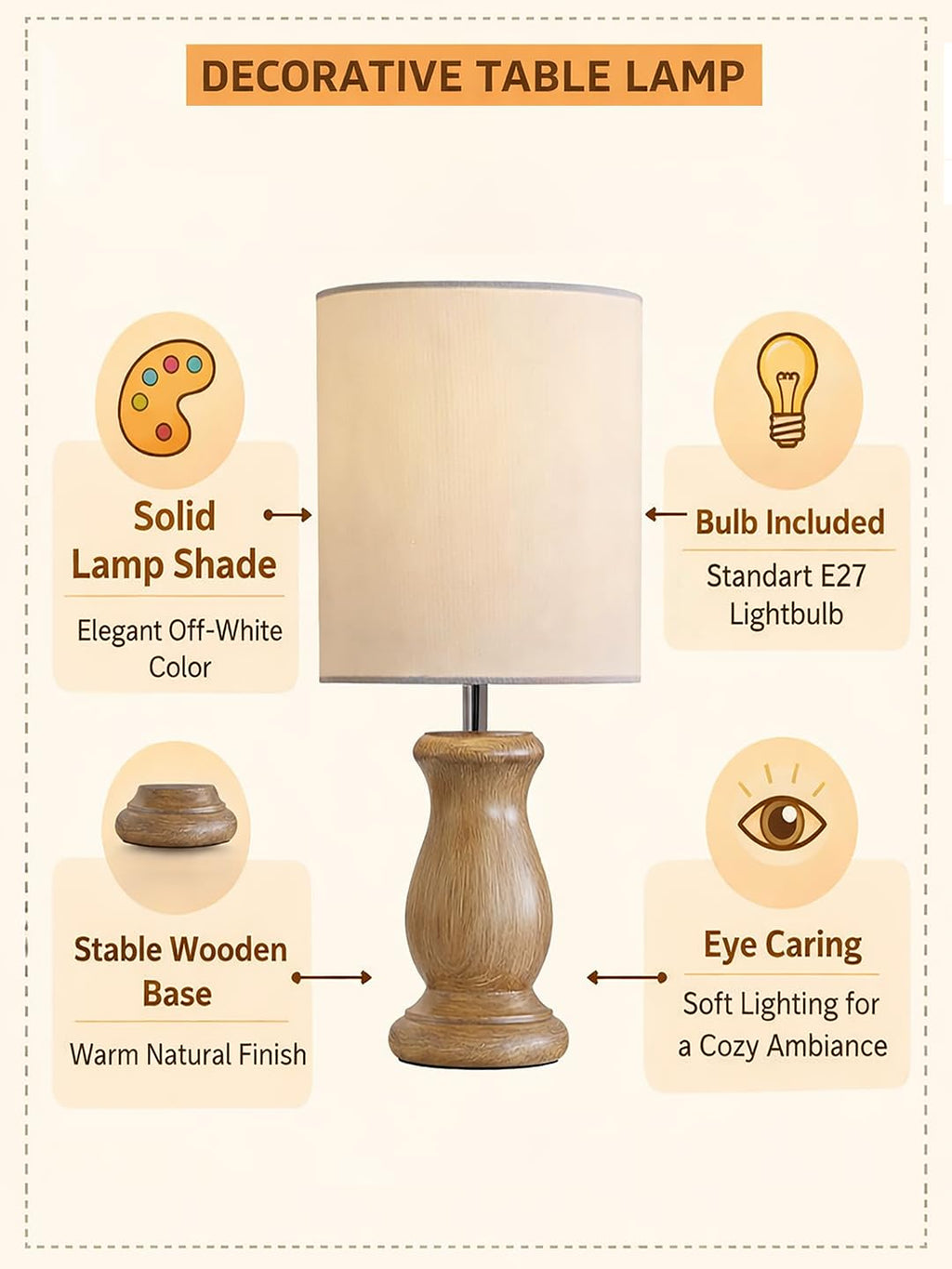 Mid Century Single Table Lamp for Living Room Farmhouse Linen Bedside Lamps for Bedroom Kids Room Dorm Office Dowel Walnut