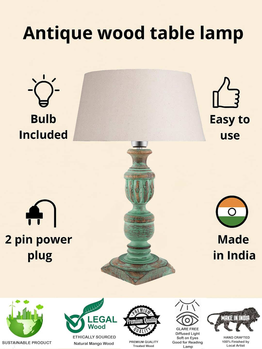 Decorcity Wooden Table Lamp, Night Lamp for Bedroom, Home Decor Items for Living Room, Light Bedside Lamp, Room Decor (Rustic Trophy Beige)