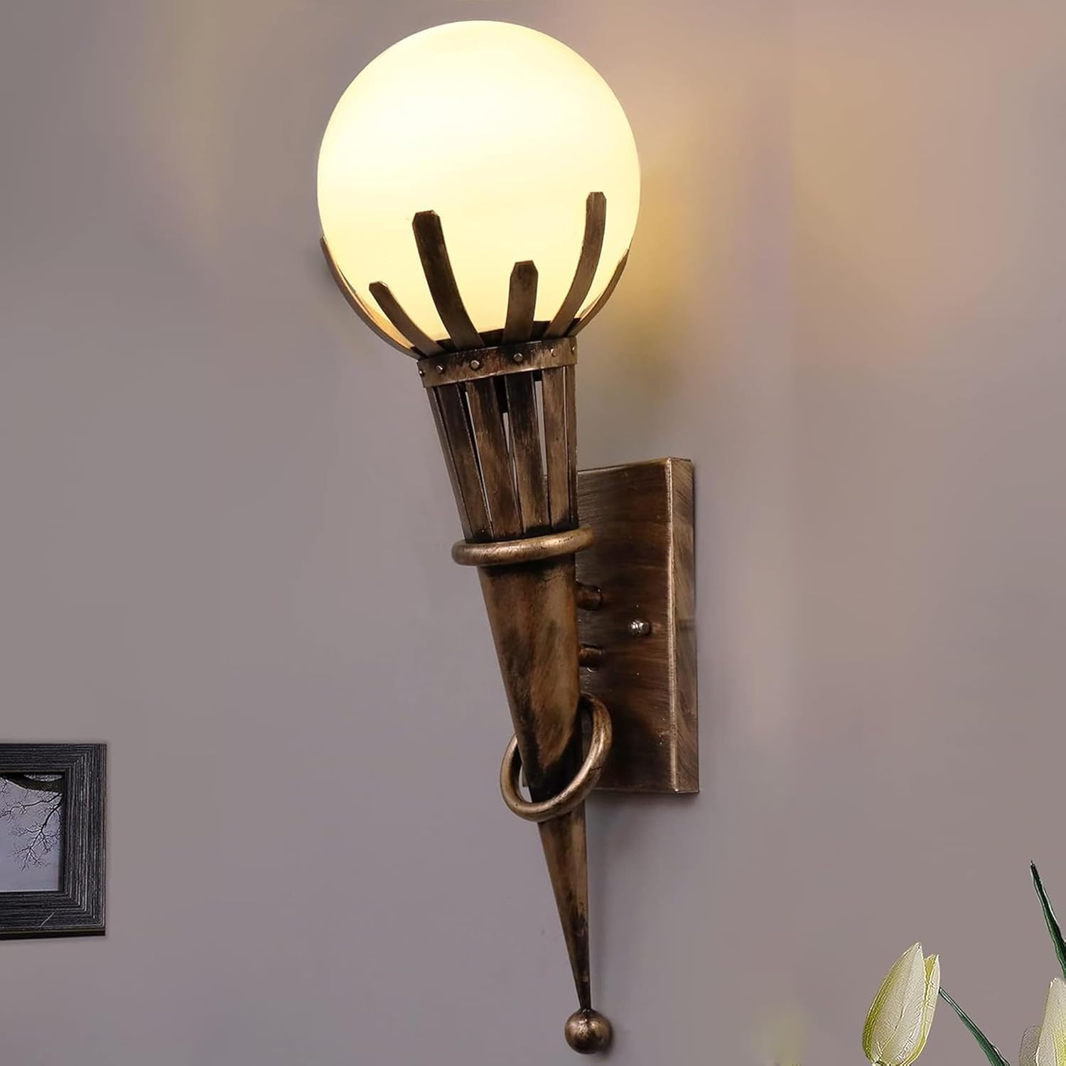 Antique Torch Wall Light with Frosted Glass Globe | Vintage Metal Wall Sconce for Living Room, Bedroom, Hallway, Staircase | Warm Ambient Lighting | Bulb Not Included