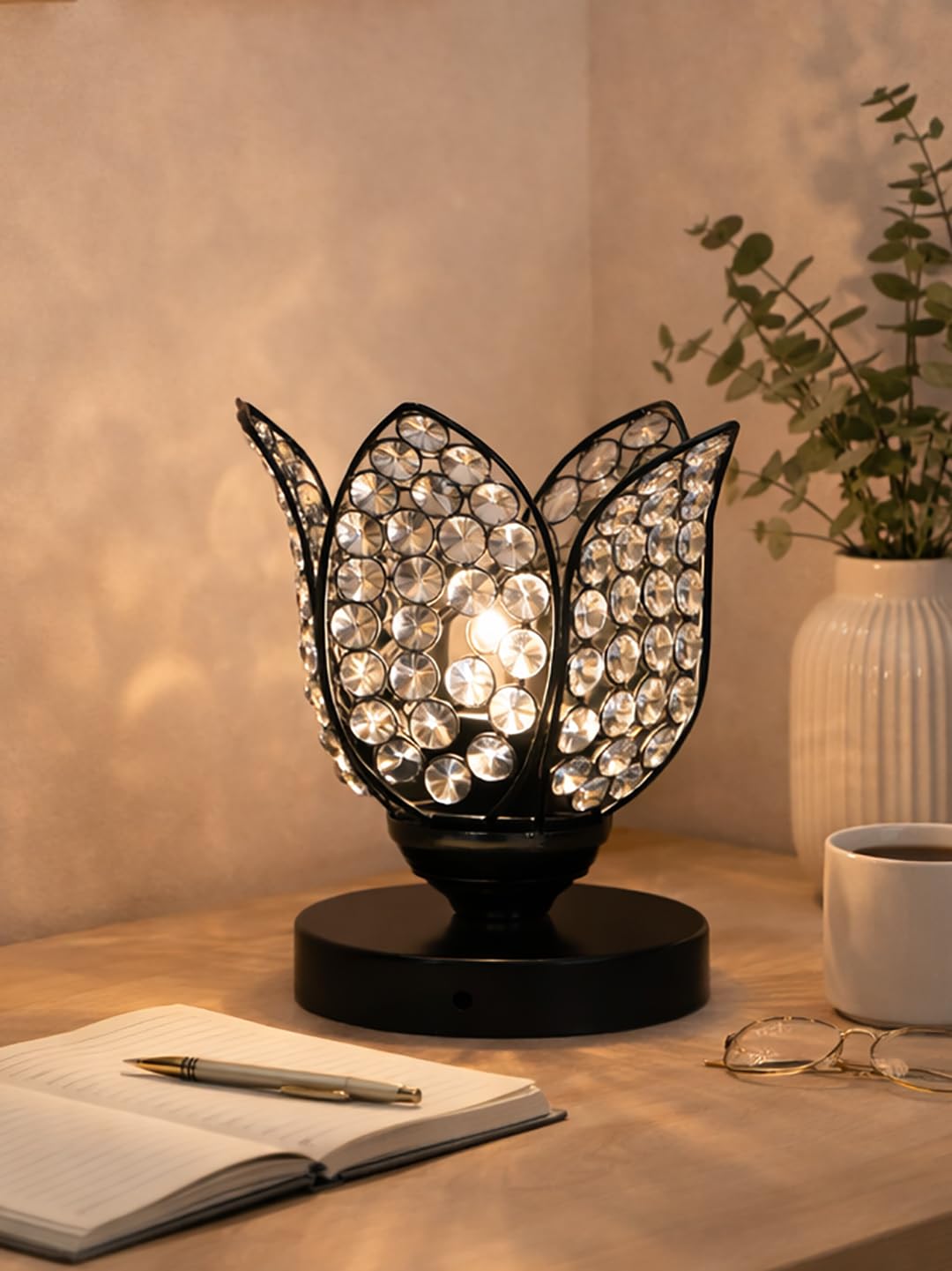 Crystal Lotus Table Lamp for Bedroom & Living Room | Modern Gold Decorative Desk Lamp | Warm White Night Lamp for Home, Office, Bedside & Corner Décor (Black)