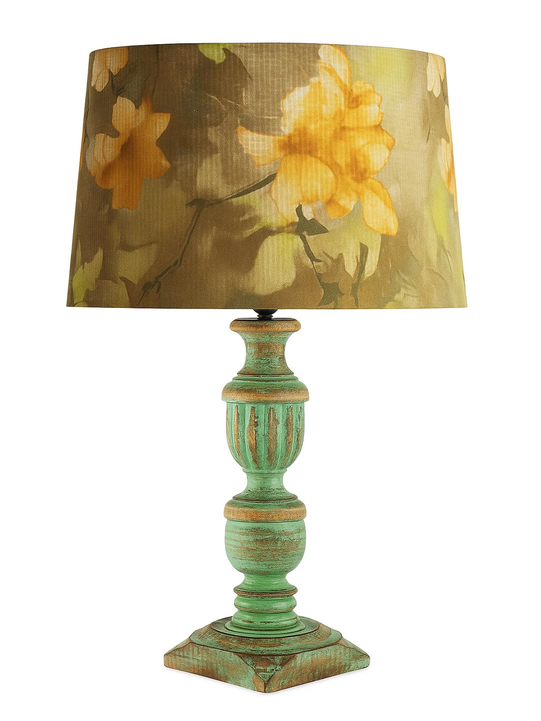 Decorcity Vintage Rustic Wooden Table Lamp for Living Room & Bedroom | Handcrafted Teal Distressed Base with Fabric Drum Shade | Bedside Nightstand Lamp for Home Décor (Wild Meadow)