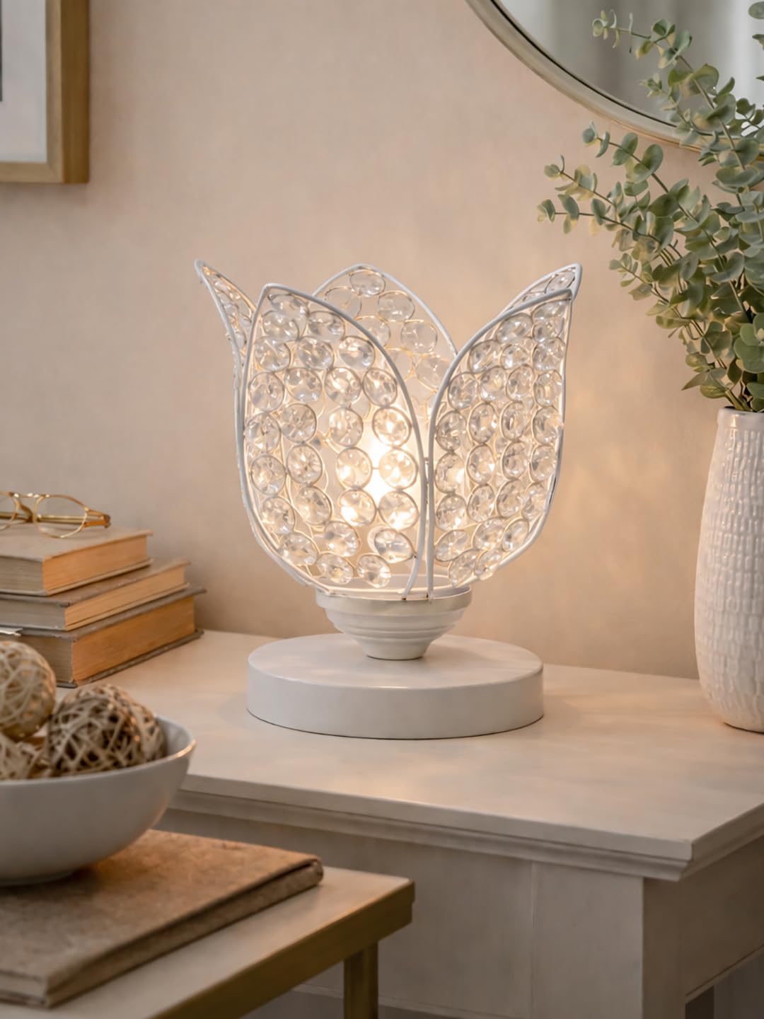 Crystal Lotus Table Lamp for Bedroom & Living Room | Modern Gold Decorative Desk Lamp | Warm White Night Lamp for Home, Office, Bedside & Corner Décor (White)