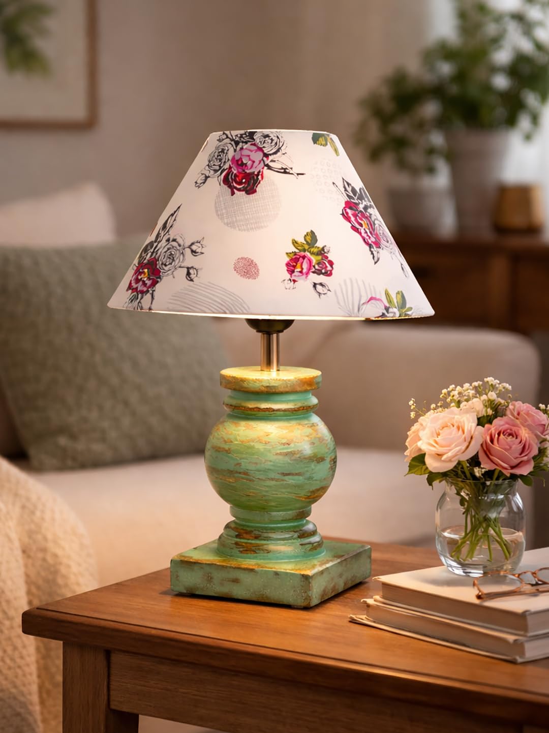 Antique Algae French Trophy Table Lamp for Bedroom Living Room Simple Retro Wood Grain Farmhouse Bedside Lamp Suitable for Nightstand Children's Room or University Dormitory Rose