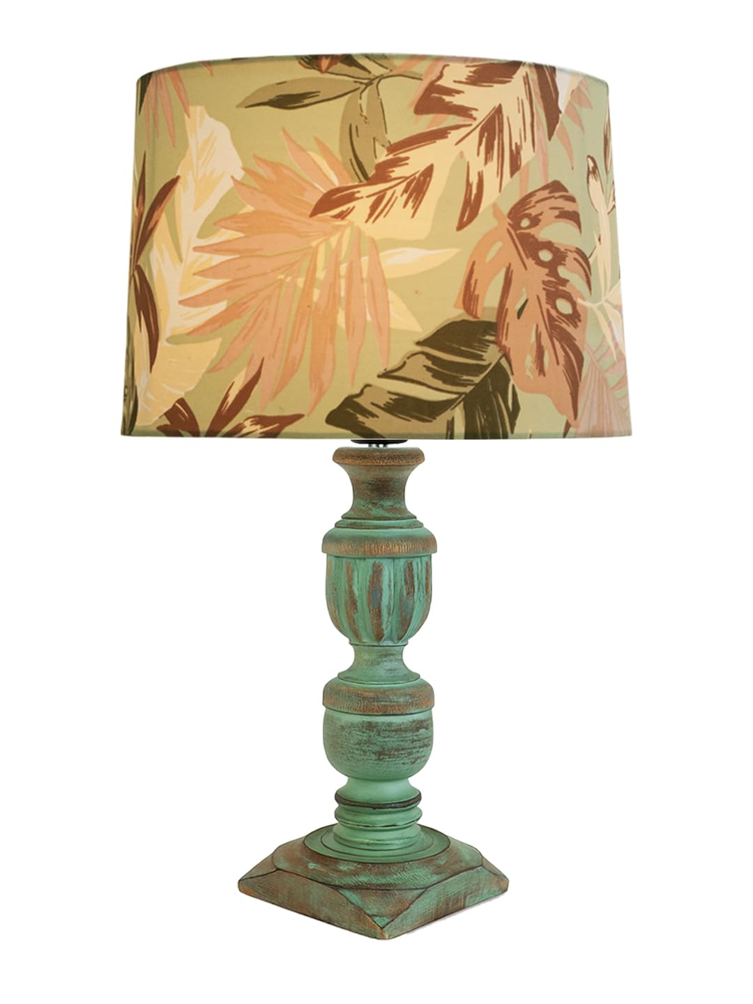 Decorcity Vintage Rustic Wooden Table Lamp for Living Room & Bedroom | Handcrafted Teal Distressed Base with Fabric Drum Shade | Bedside Nightstand Lamp for Home Décor (Palm Leaf)