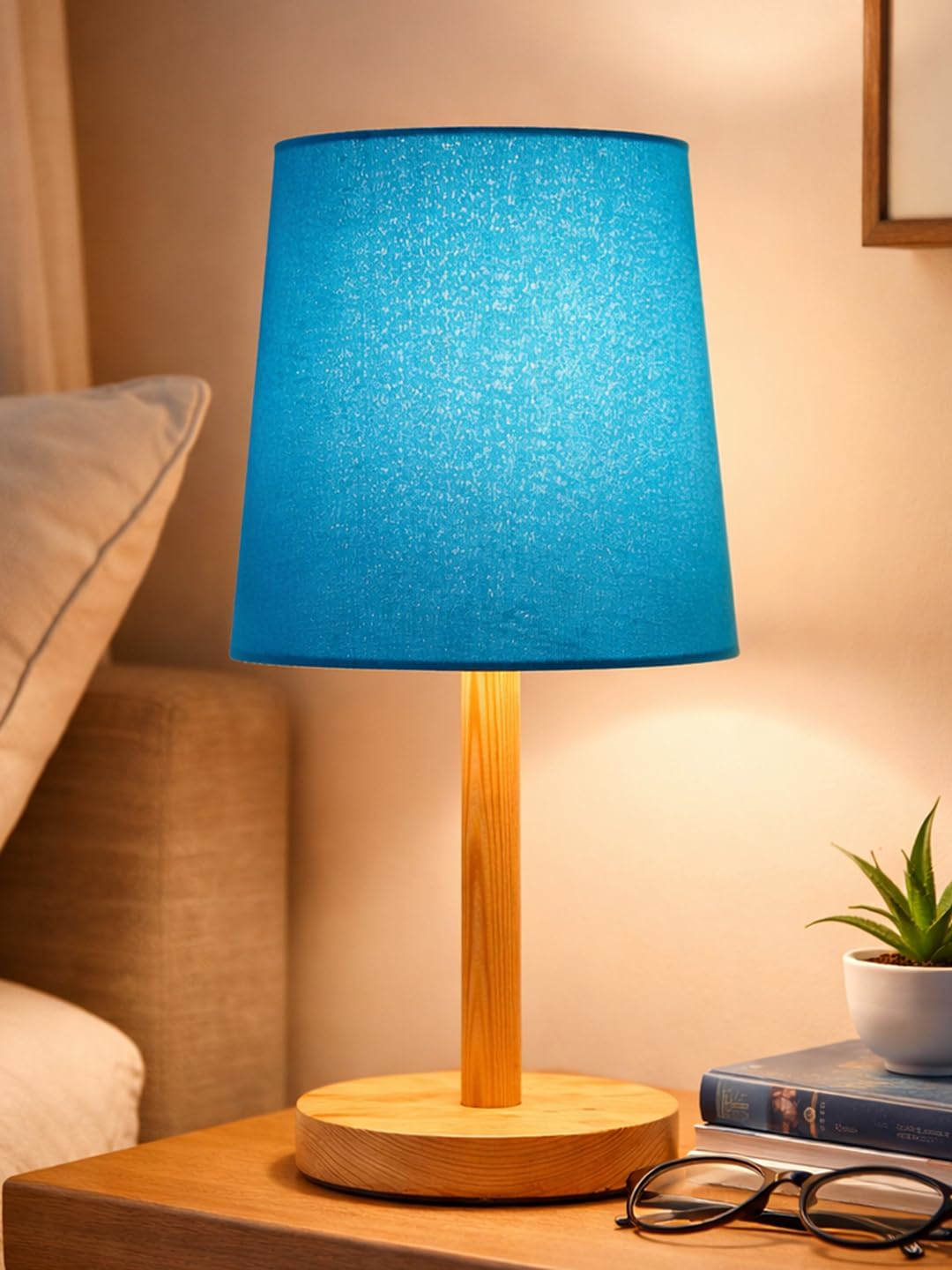 Decorcity Stick Wooden Table Lamp for Bedroom & Living Room | Bedside Night Lamp with Fabric Shade | Modern Wooden Desk Lamp for Home Décor, Study, Office & Hotel (Blue)