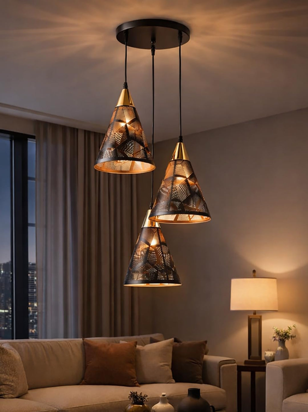 Farmhouse Pendant Light Metal Hanging Light Fixture Kitchen Island Lights Black with Gold Shade Adjustable Wire for Flat and Slop Ceiling, Kitchen Island, Bedroom, Dining Entryway Light Hexa