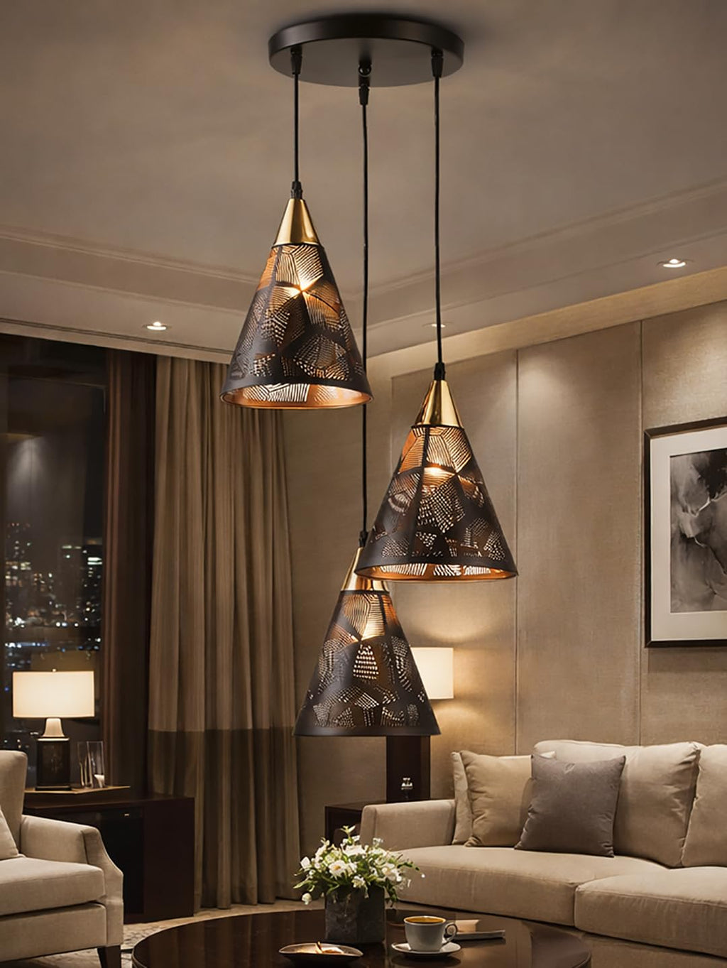 Farmhouse Pendant Light Metal Hanging Light Fixture Kitchen Island Lights Black with Gold Shade Adjustable Wire for Flat and Slop Ceiling, Kitchen Island, Bedroom, Dining Entryway Light Hexa