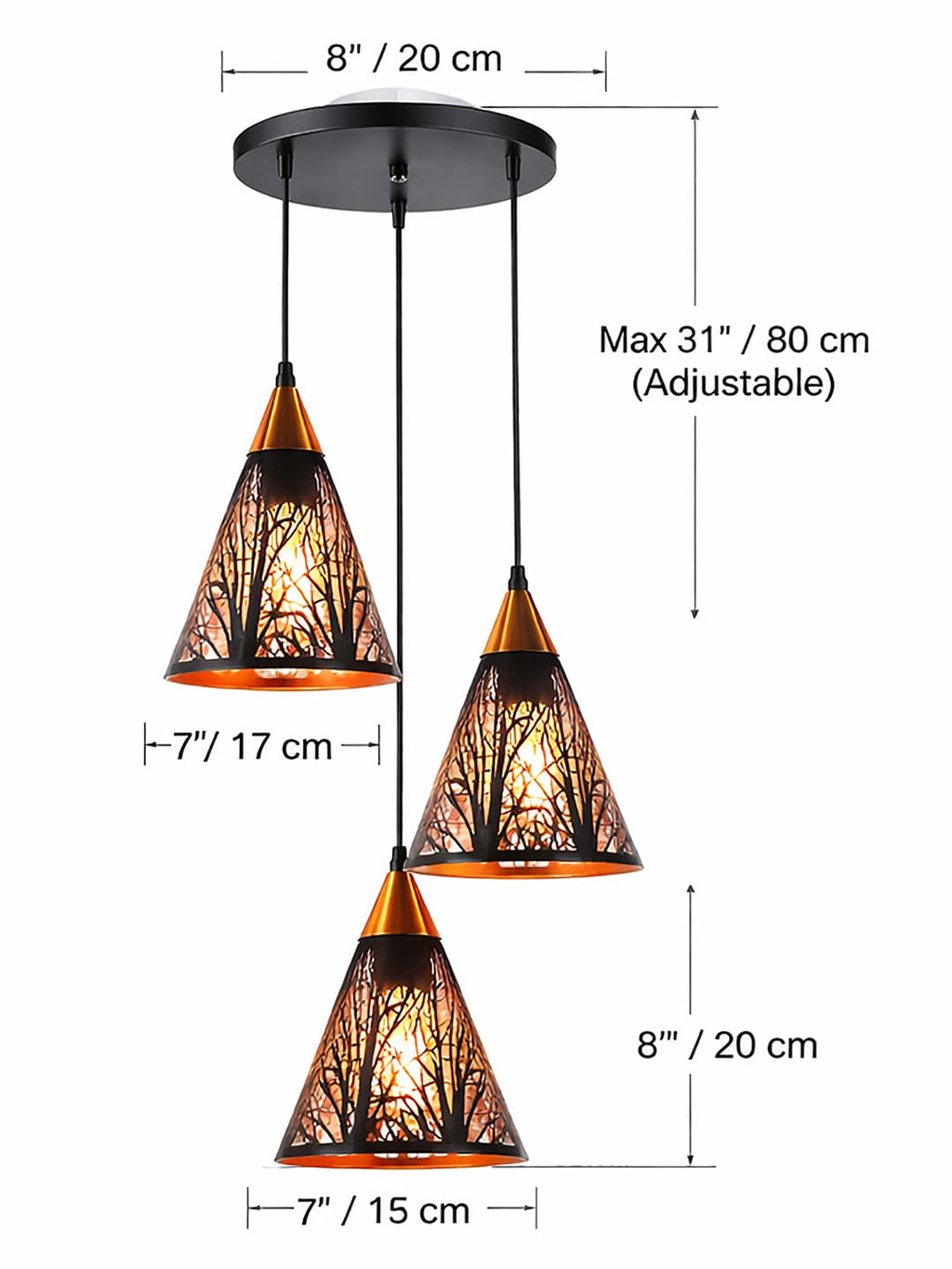 Farmhouse Pendant Light Metal Hanging Light Fixture Kitchen Island Lights Black with Gold Shade Adjustable Wire for Flat and Slop Ceiling, Kitchen Island, Bedroom, Dining Entryway Light Tree