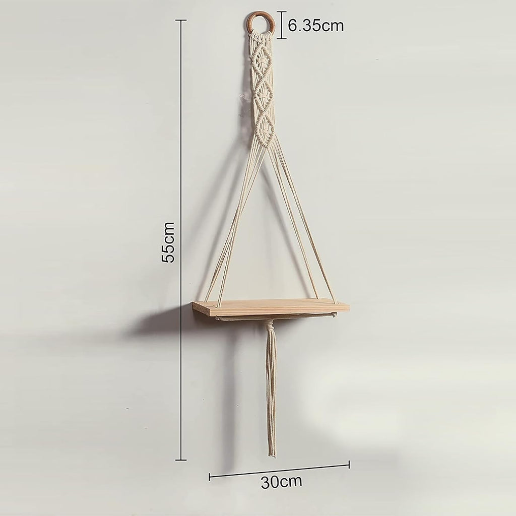 Macrame Wall Hanging Shelf, Wood Floating Shelves Boho Wall Decor, Adjustable Rustic Plant Storage Rack Holder with Tassels Room Decor for Bedroom Lving Room Nursery 55 x 30 cm