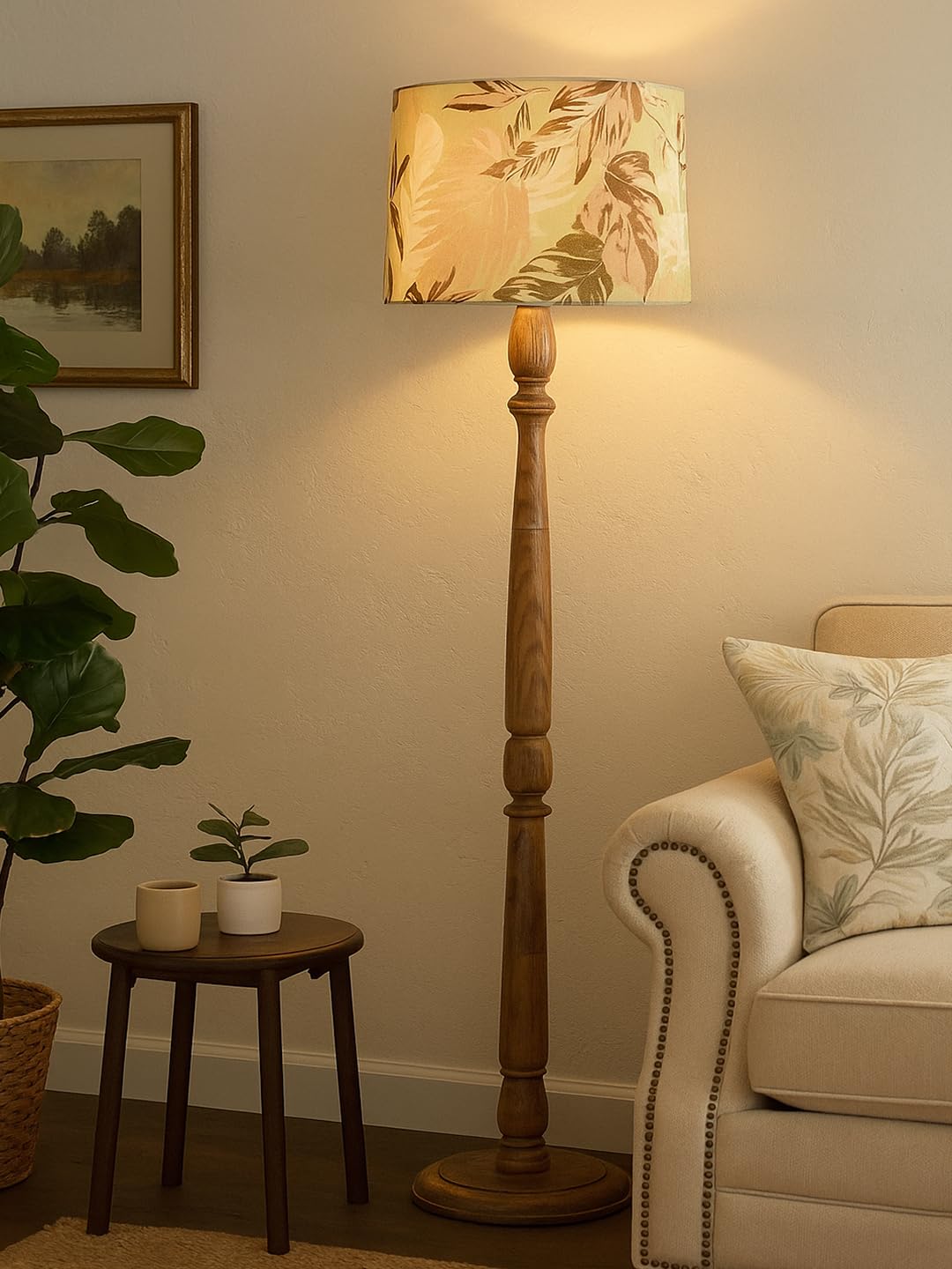 Rustic Walnut Brown Wood Floor Lamp with Multicolor Fabric Shade Antique Style Bedside, Living Room, Bedroom, Corner, Light Décor (Candlestick Palm Leaf)