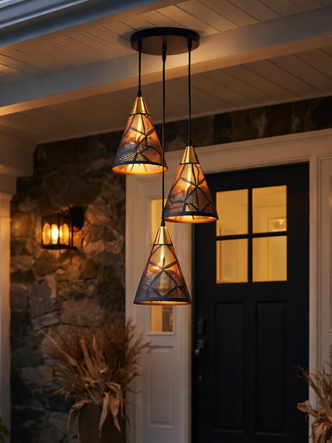 Farmhouse Pendant Light Metal Hanging Light Fixture Kitchen Island Lights Black with Gold Shade Adjustable Wire for Flat and Slop Ceiling, Kitchen Island, Bedroom, Dining Entryway Light Hexa