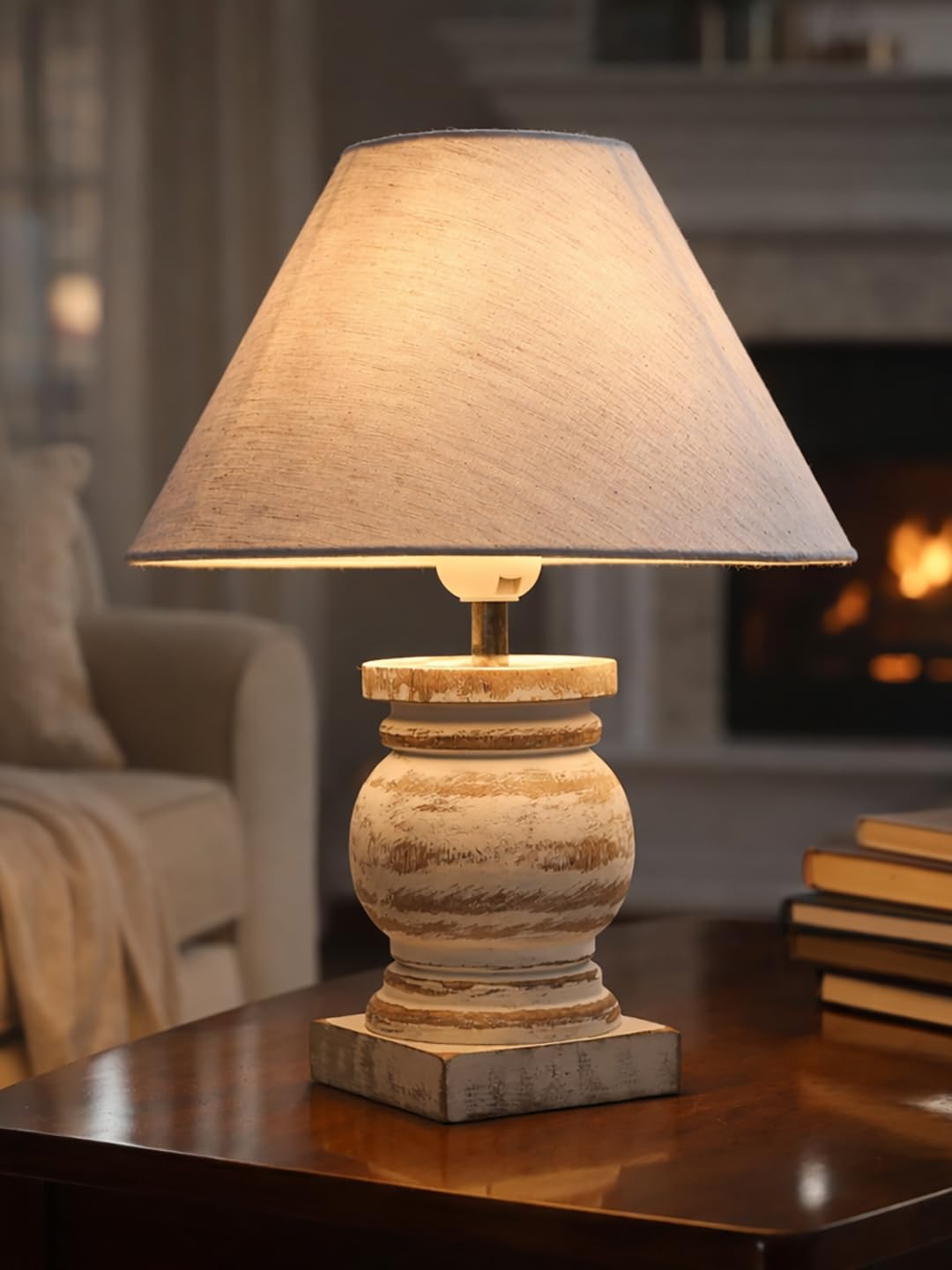 Antique White French Trophy Table Lamp for Bedroom Living Room Simple Retro Wood Grain Farmhouse Bedside Lamp Suitable for Nightstand Children's Room or University Dormitory Khadi