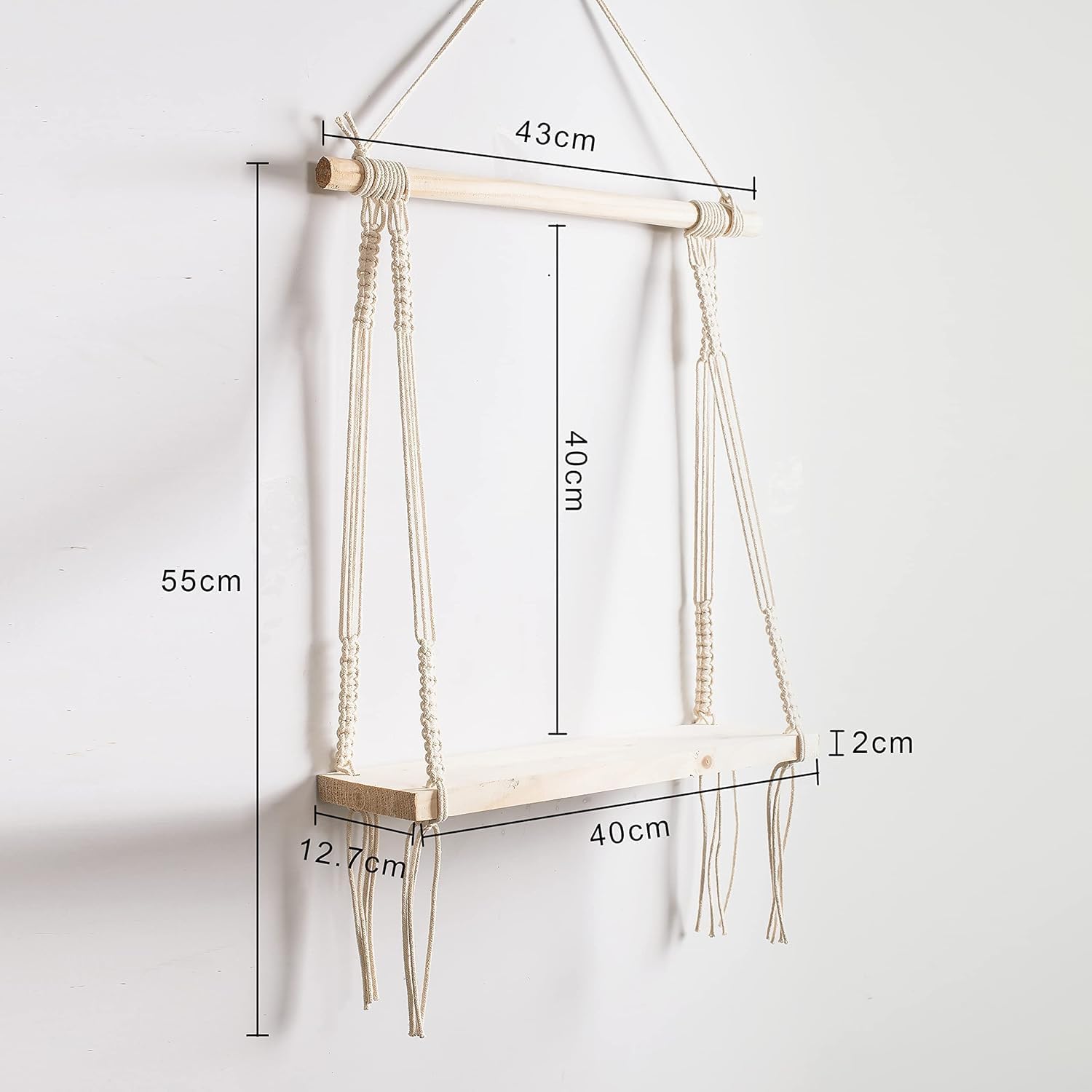 Macrame Wall Hanging Shelf Boho Wooden Display Floating Shelves for Wall Decor with Handmade Woven Rope Plant Shelf for Bedroom Dorm Nursery Living Room Bathroom 17x16 Inches