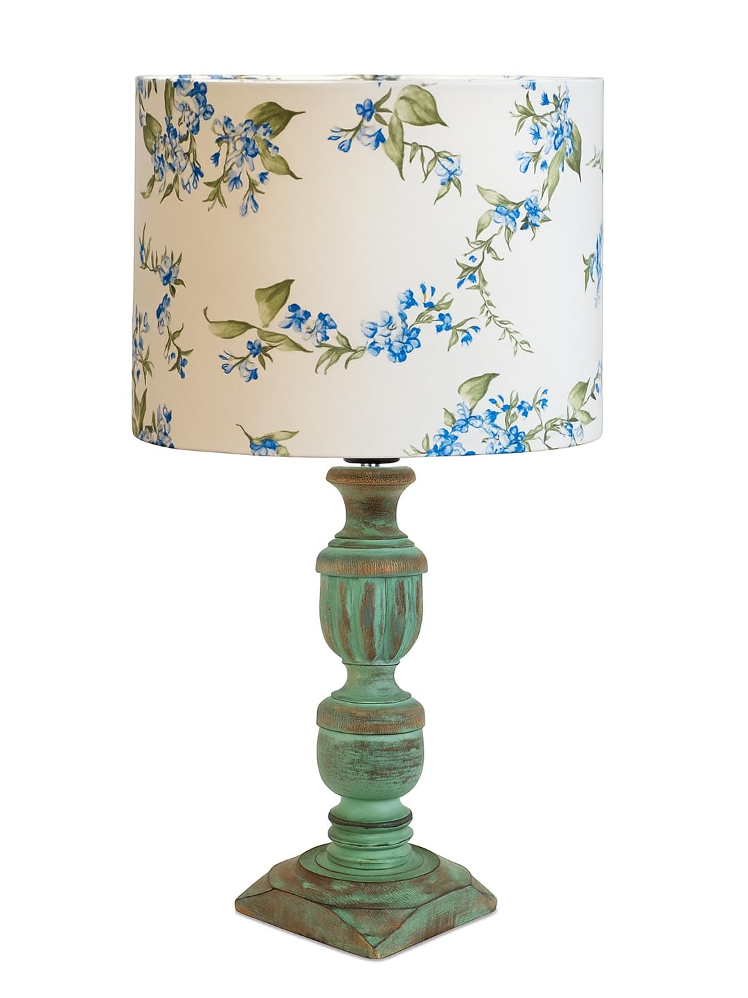 Decorcity Vintage Rustic Wooden Table Lamp for Living Room & Bedroom | Handcrafted Teal Distressed Base with Fabric Drum Shade | Bedside Nightstand Lamp for Home Décor (Cornflower)