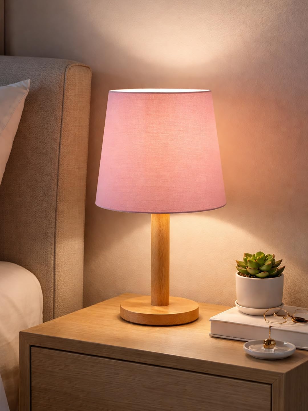 Decorcity Stick Wooden Table Lamp for Bedroom & Living Room | Bedside Night Lamp with Fabric Shade | Modern Wooden Desk Lamp for Home Décor, Study, Office & Hotel (Pink)