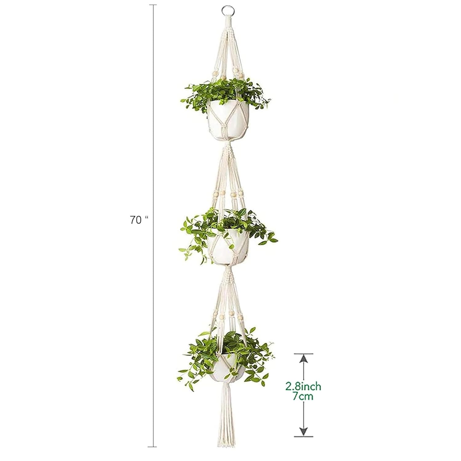 Macrame Plant Hanger 3 Tier Indoor Outdoor Hanging Planter Basket Cotton Rope with Beads 70 Inches 1 pack