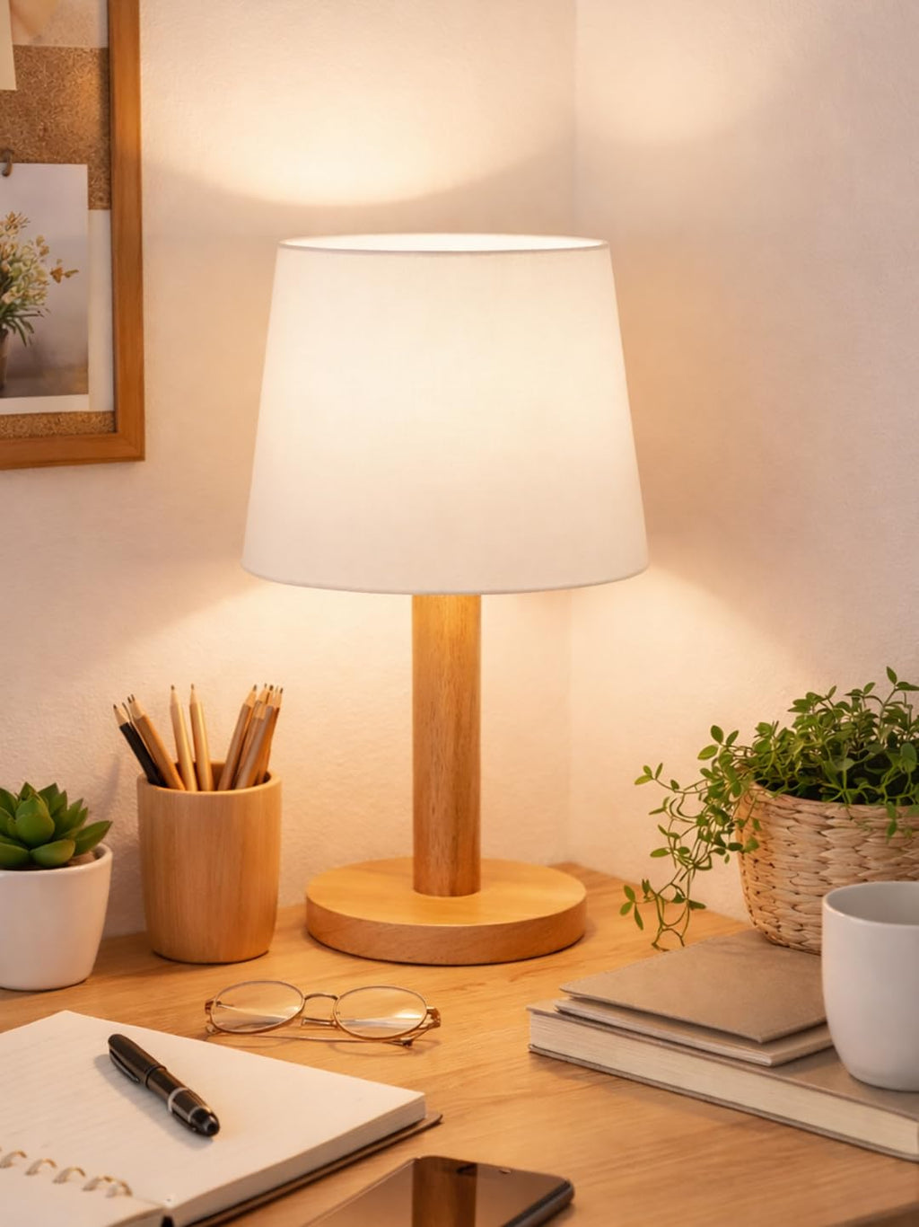 Decorcity Stick Wooden Table Lamp for Bedroom & Living Room | Bedside Night Lamp with Fabric Shade | Modern Wooden Desk Lamp for Home Décor, Study, Office & Hotel (White)