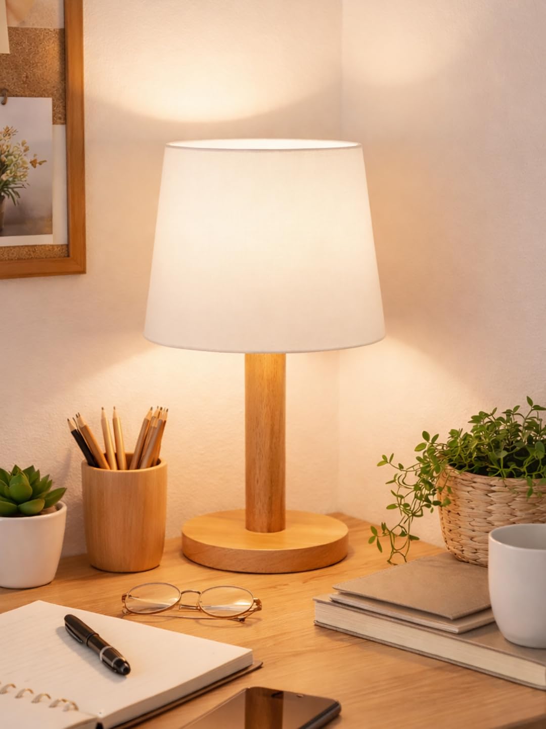 Decorcity Stick Wooden Table Lamp for Bedroom & Living Room | Bedside Night Lamp with Fabric Shade | Modern Wooden Desk Lamp for Home Décor, Study, Office & Hotel (White)