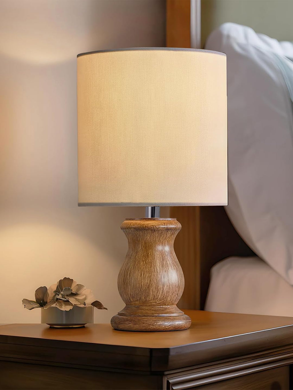 Mid Century Single Table Lamp for Living Room Farmhouse Linen Bedside Lamps for Bedroom Kids Room Dorm Office Dowel Walnut