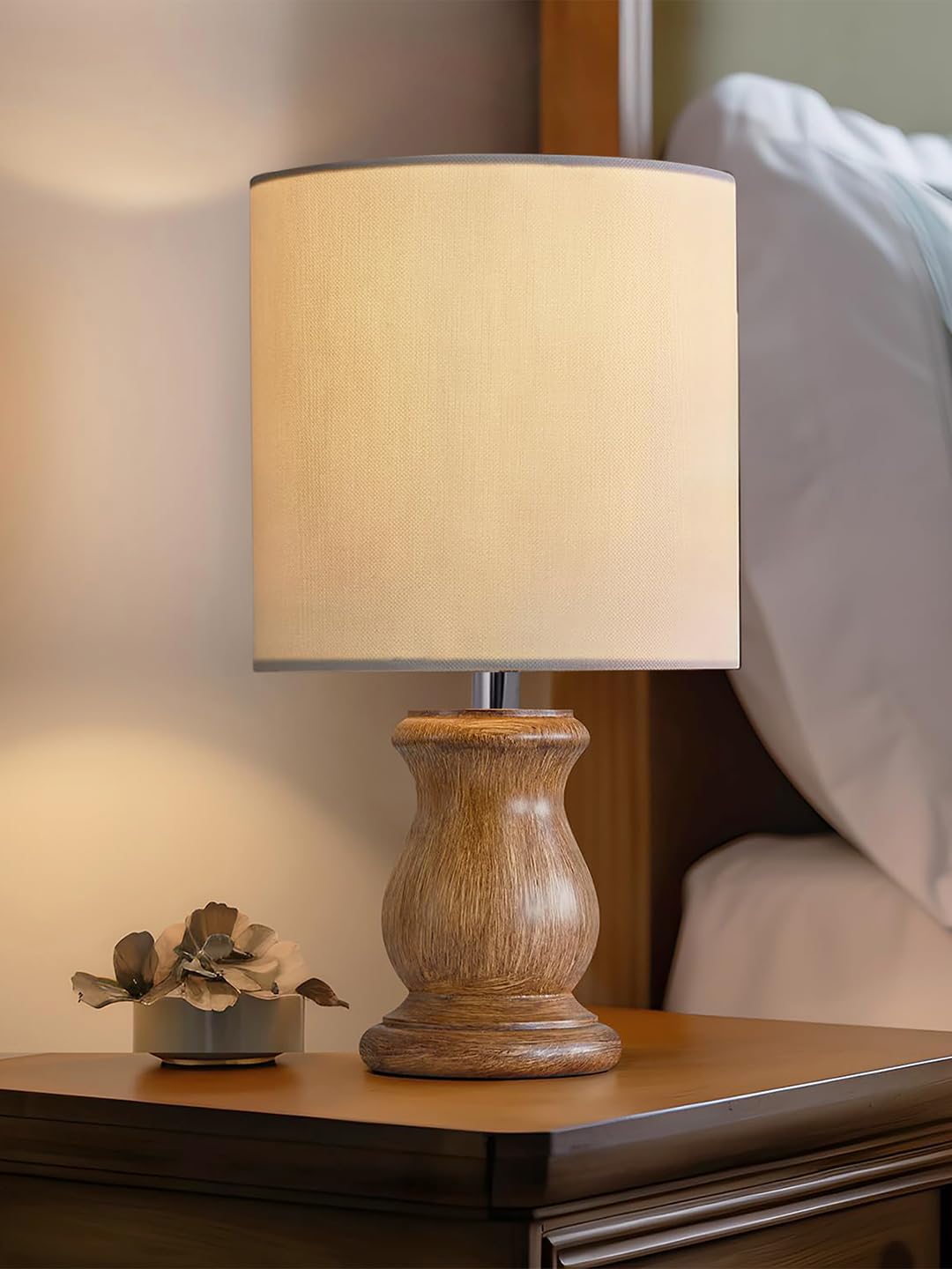 Mid Century Single Table Lamp for Living Room Farmhouse Linen Bedside Lamps for Bedroom Kids Room Dorm Office Dowel Walnut