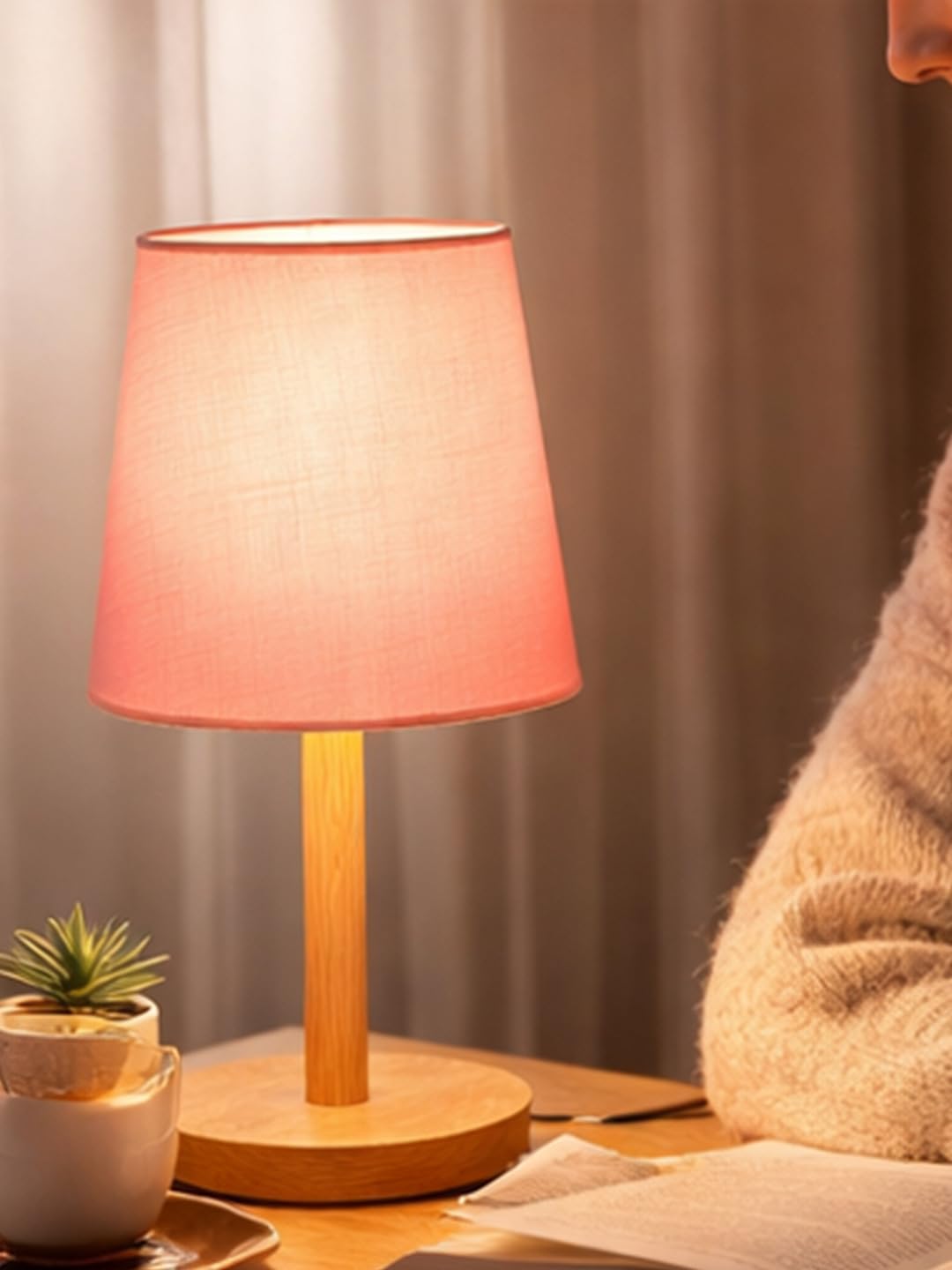 Decorcity Stick Wooden Table Lamp for Bedroom & Living Room | Bedside Night Lamp with Fabric Shade | Modern Wooden Desk Lamp for Home Décor, Study, Office & Hotel (Pink)