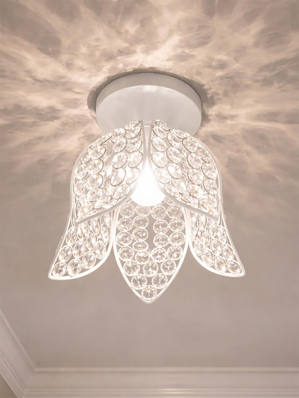 Modern Crystal Flush Mount Ceiling Light | Gold Finish Decorative Ceiling Lamp for Hallway, Bedroom, Living Room, Balcony & Foyer | Warm Light Home Decor Fixture (White Lotus)