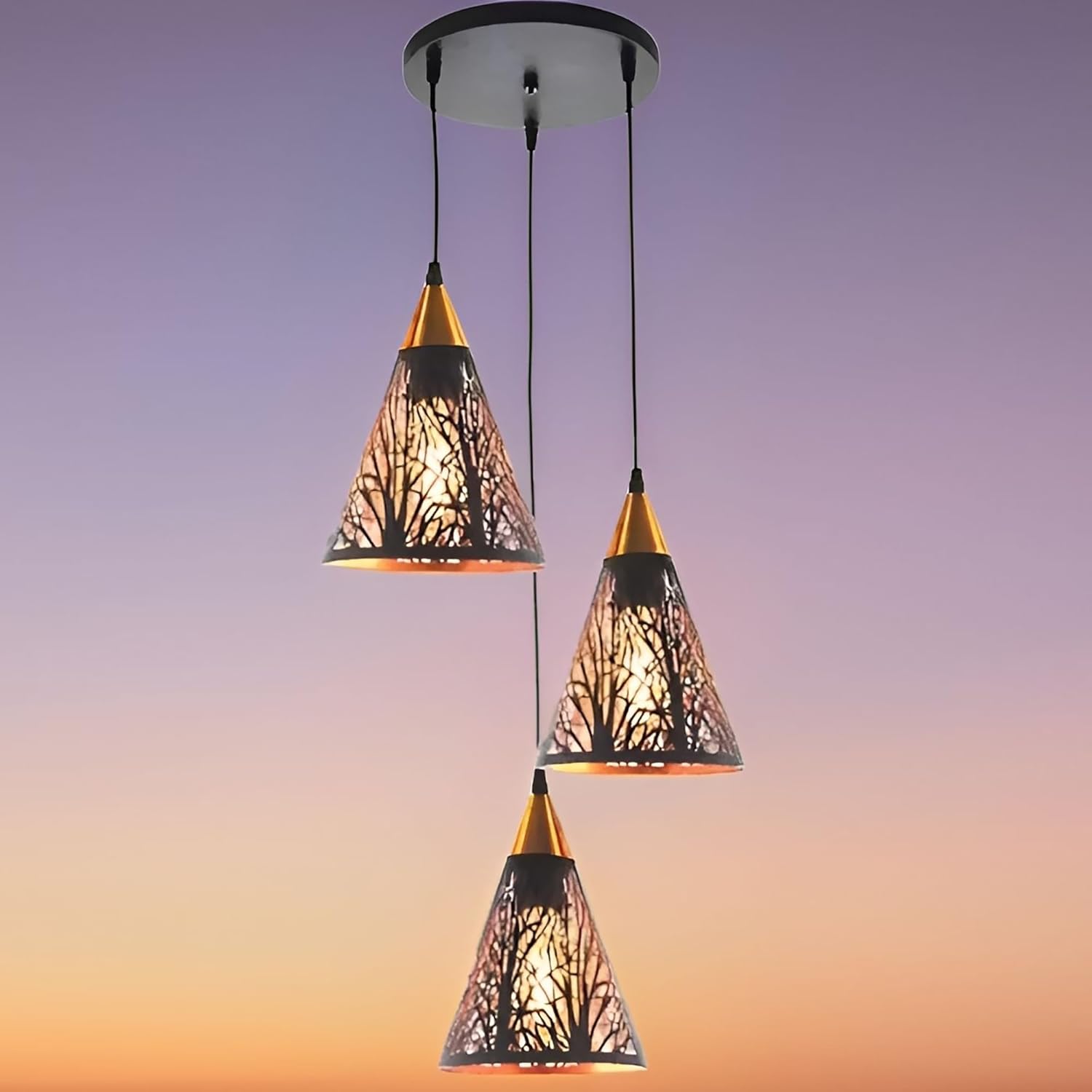 Farmhouse Pendant Light Metal Hanging Light Fixture Kitchen Island Lights Black with Gold Shade Adjustable Wire for Flat and Slop Ceiling, Kitchen Island, Bedroom, Dining Entryway Light Tree