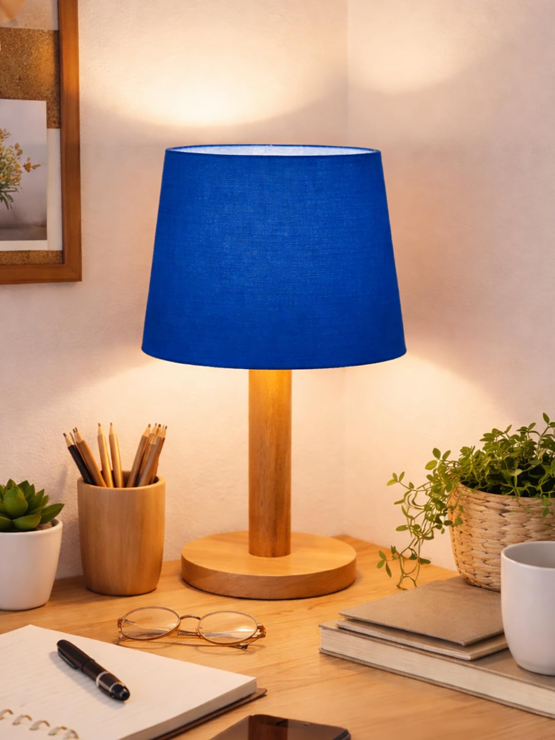 Decorcity Stick Wooden Table Lamp for Bedroom & Living Room | Bedside Night Lamp with Fabric Shade | Modern Wooden Desk Lamp for Home Décor, Study, Office & Hotel (Blue)