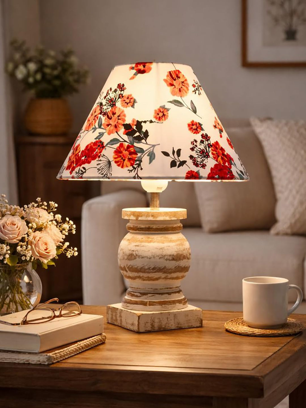 Antique White French Trophy Table Lamp for Bedroom Living Room Simple Retro Wood Grain Farmhouse Bedside Lamp Suitable for Nightstand Children's Room or University Dormitory Marigold