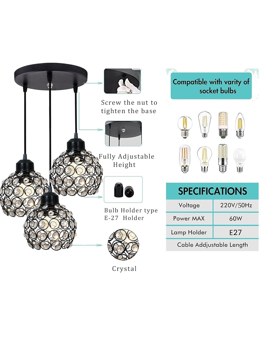 Modern Crystal Ball Pendant Light Shade Lampshade Jewel Ball Lamp Chandelier for Living Room Home Decor Living Room Cafe Pendant Lights Bar Stair Droplight Black