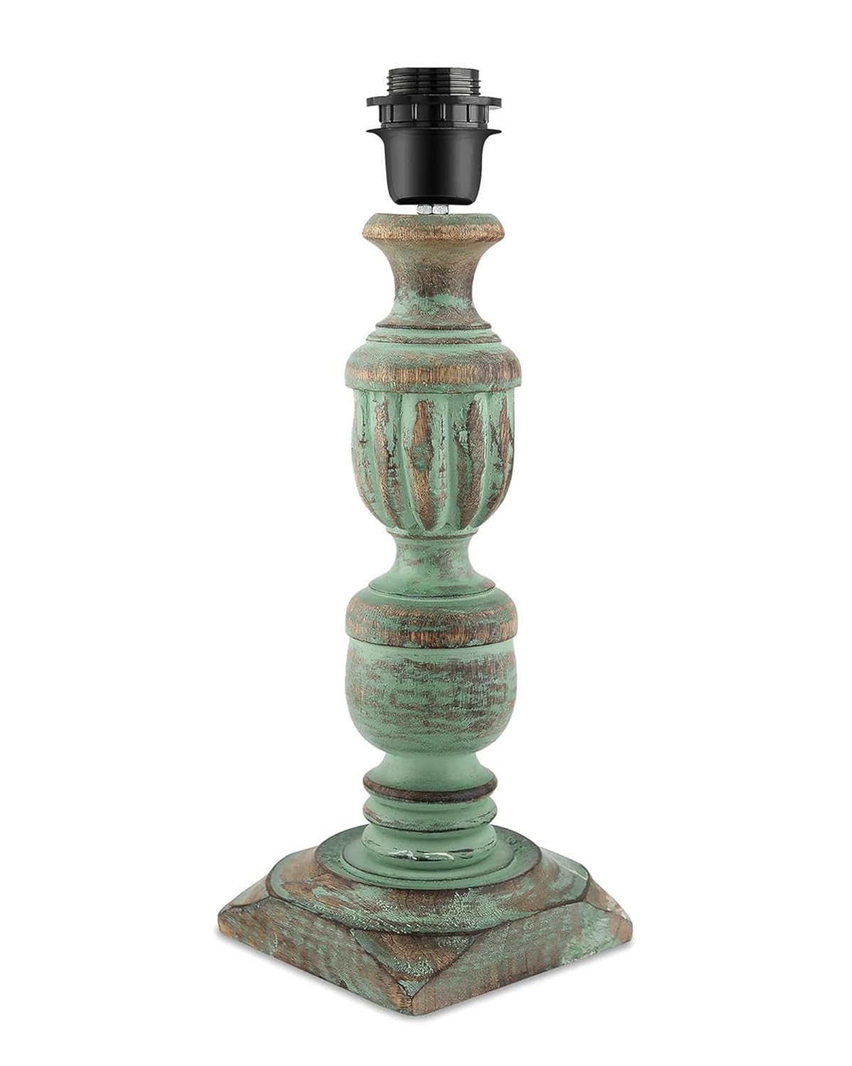 Decorcity Vintage Rustic Wooden Table Lamp for Living Room & Bedroom | Handcrafted Teal Distressed Base with Fabric Drum Shade | Bedside Nightstand Lamp for Home Décor (Wild Meadow)