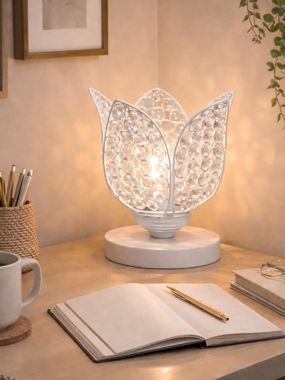 Crystal Lotus Table Lamp for Bedroom & Living Room | Modern Gold Decorative Desk Lamp | Warm White Night Lamp for Home, Office, Bedside & Corner Décor (White)