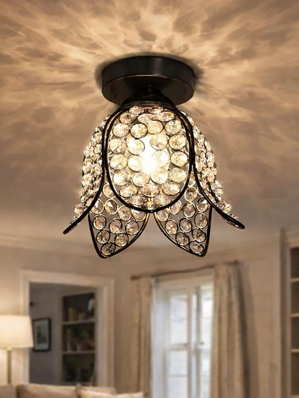 Modern Crystal Flush Mount Ceiling Light | Gold Finish Decorative Ceiling Lamp for Hallway, Bedroom, Living Room, Balcony & Foyer | Warm Light Home Decor Fixture (Black Lotus)