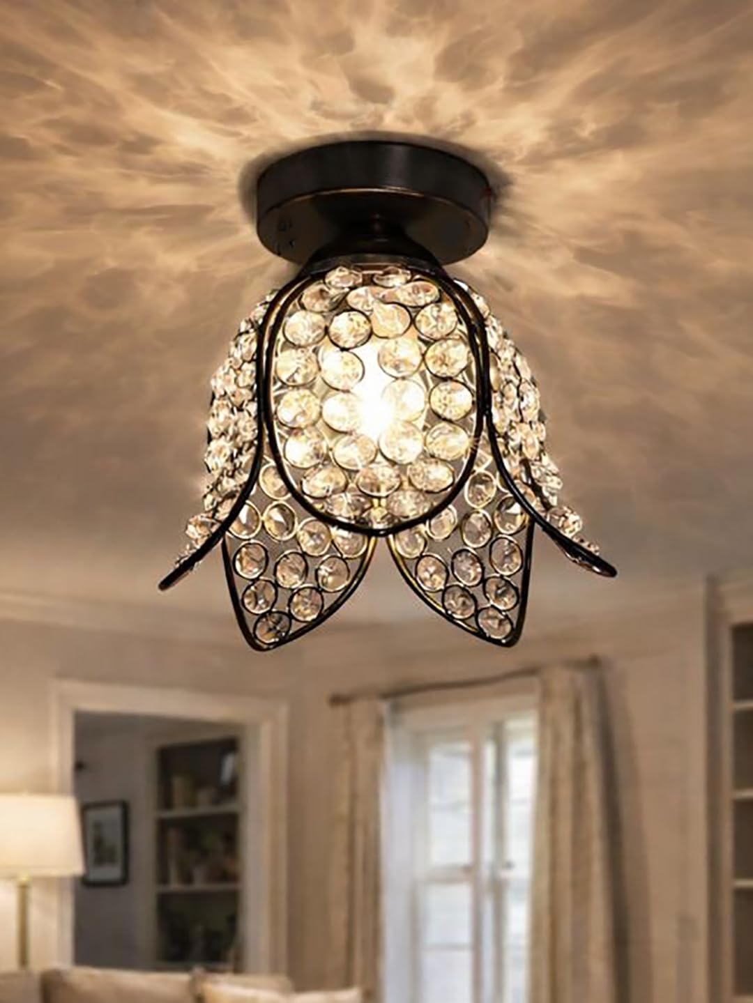 Modern Crystal Flush Mount Ceiling Light | Gold Finish Decorative Ceiling Lamp for Hallway, Bedroom, Living Room, Balcony & Foyer | Warm Light Home Decor Fixture (Black Lotus)