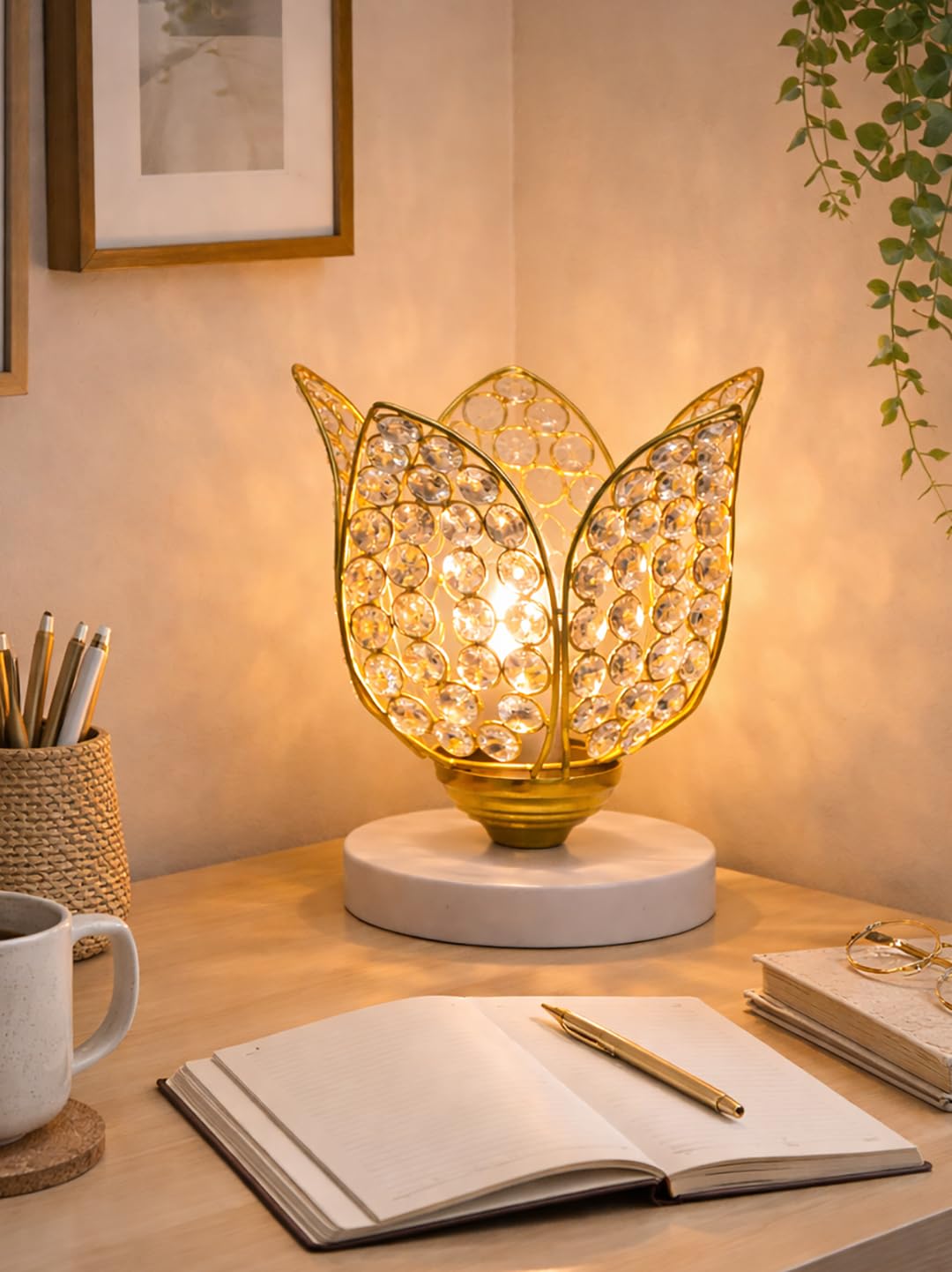 Crystal Lotus Table Lamp for Bedroom & Living Room | Modern Gold Decorative Desk Lamp | Warm White Night Lamp for Home, Office, Bedside & Corner Décor (White Gold)