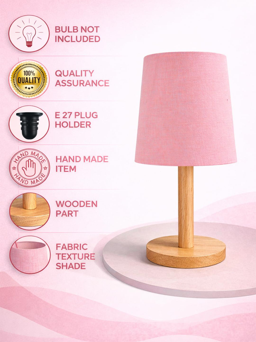 Decorcity Stick Wooden Table Lamp for Bedroom & Living Room | Bedside Night Lamp with Fabric Shade | Modern Wooden Desk Lamp for Home Décor, Study, Office & Hotel (Pink)