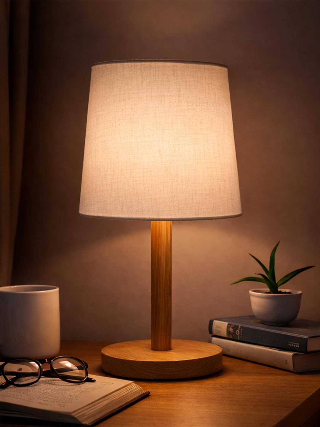 Decorcity Stick Wooden Table Lamp for Bedroom & Living Room | Bedside Night Lamp with Fabric Shade | Modern Wooden Desk Lamp for Home Décor, Study, Office & Hotel (White)