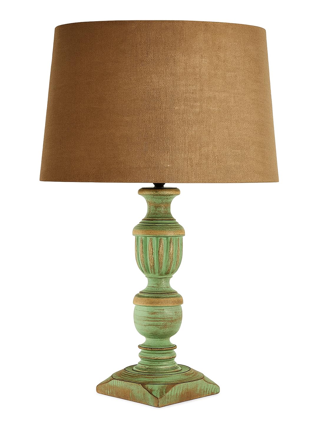 Decorcity Vintage Rustic Wooden Table Lamp for Living Room & Bedroom | Handcrafted Teal Distressed Base with Fabric Drum Shade | Bedside Nightstand Lamp for Home Décor (Jute)