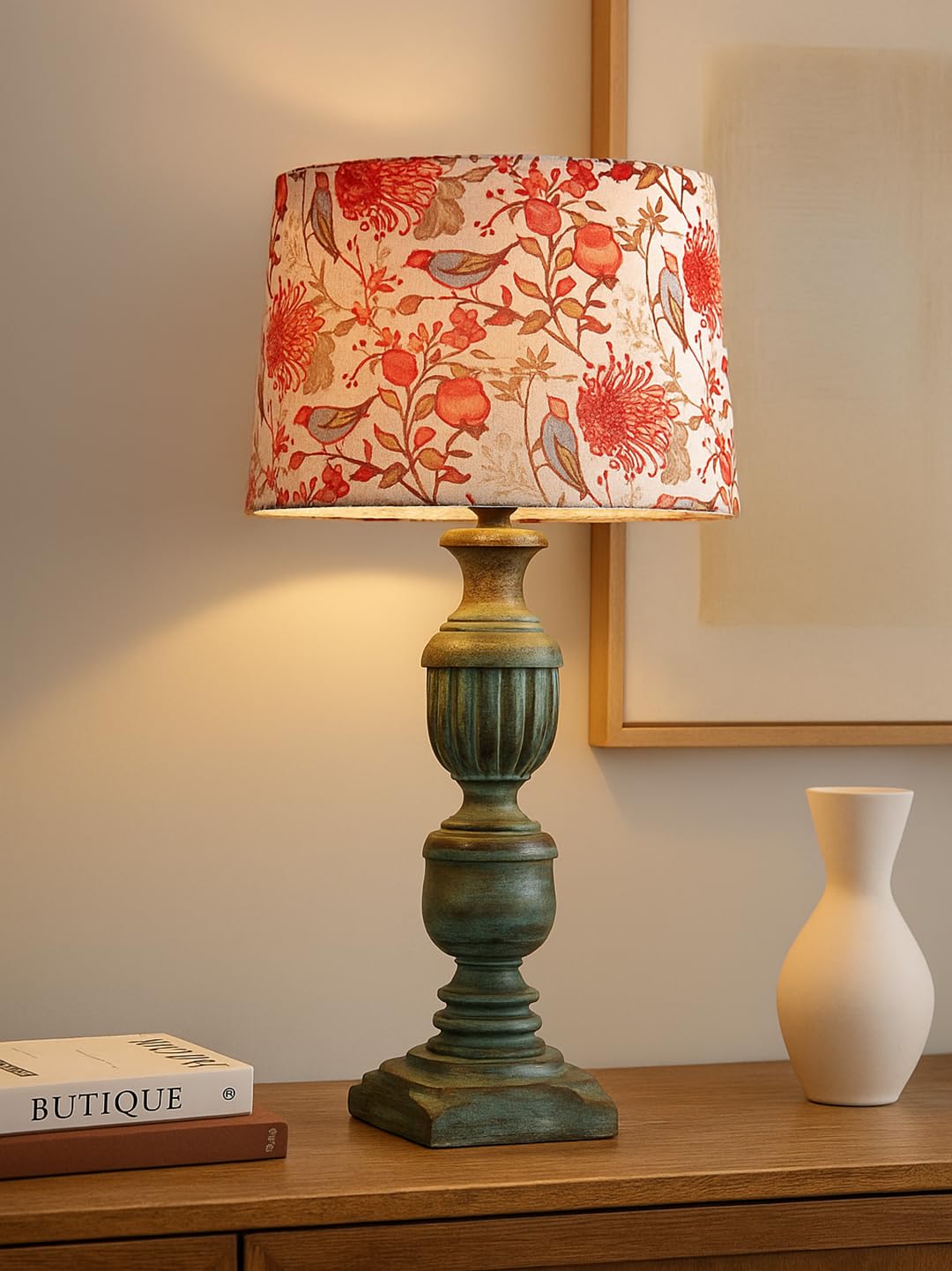 Decorcity Vintage Rustic Wooden Table Lamp for Living Room & Bedroom | Handcrafted Teal Distressed Base with Fabric Drum Shade | Bedside Nightstand Lamp for Home Décor (Bird)