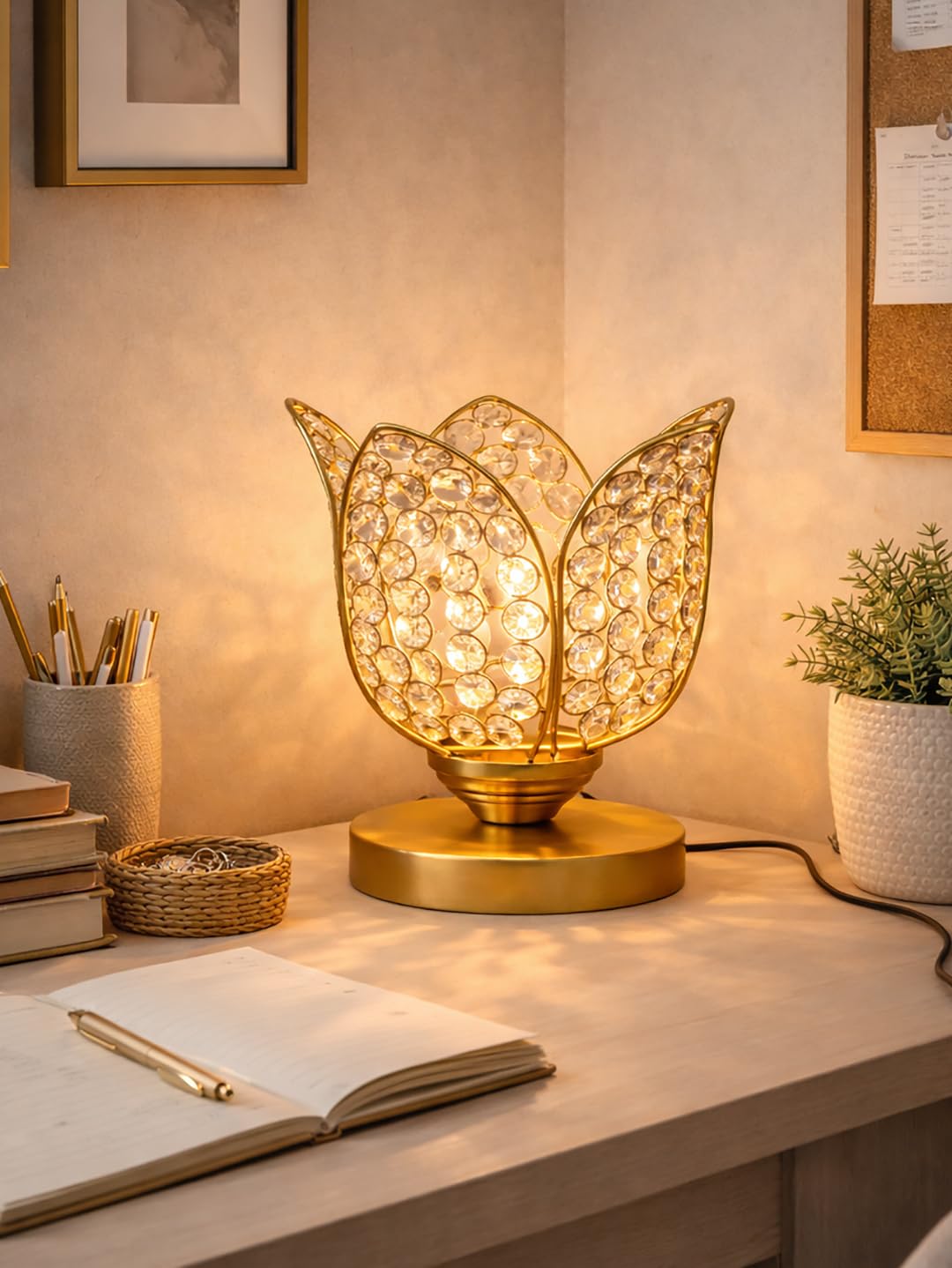 Crystal Lotus Table Lamp for Bedroom & Living Room | Modern Gold Decorative Desk Lamp | Warm White Night Lamp for Home, Office, Bedside & Corner Décor (Gold)