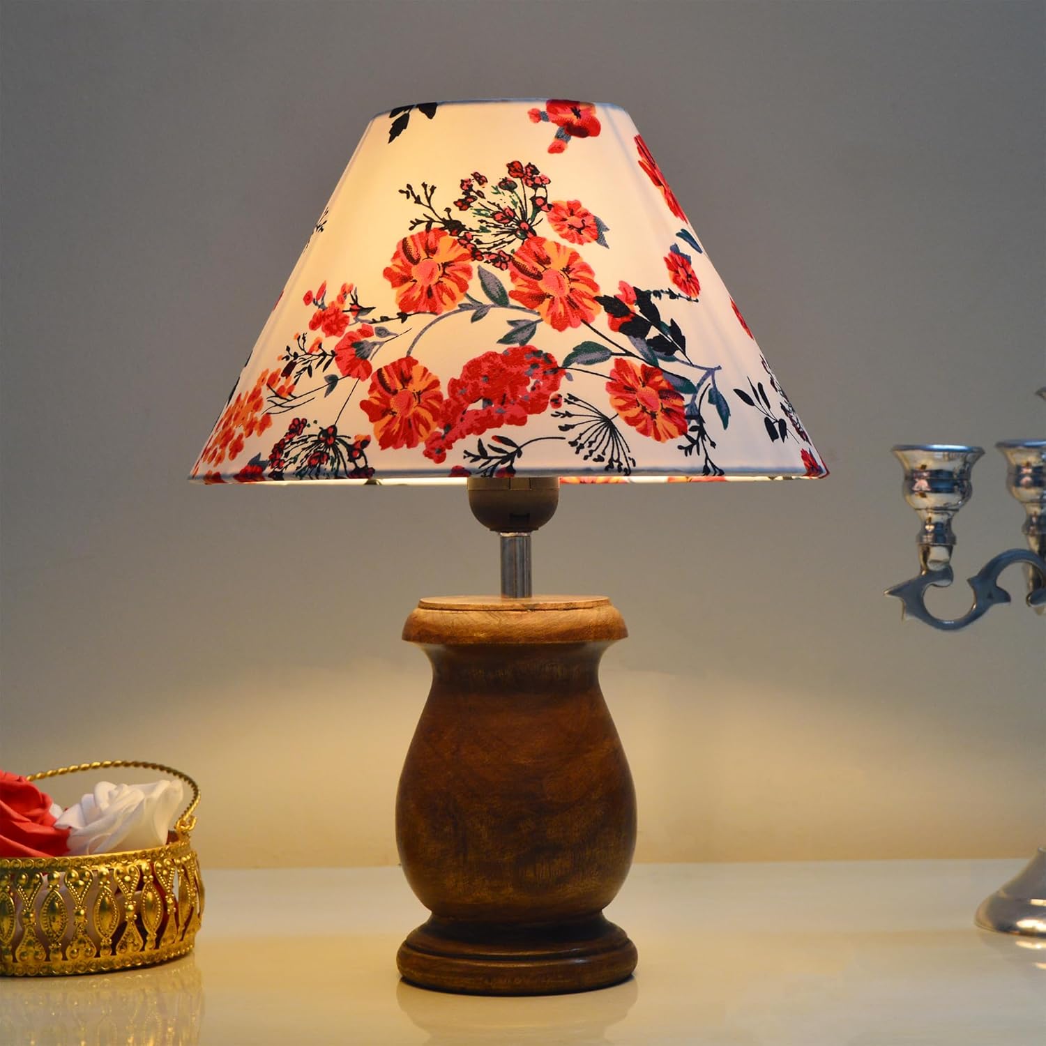 Mid Century Single Table Lamp for Living Room Farmhouse Linen Bedside Lamps for Bedroom Kids Room Dorm Office Dowel Walnut Marigold