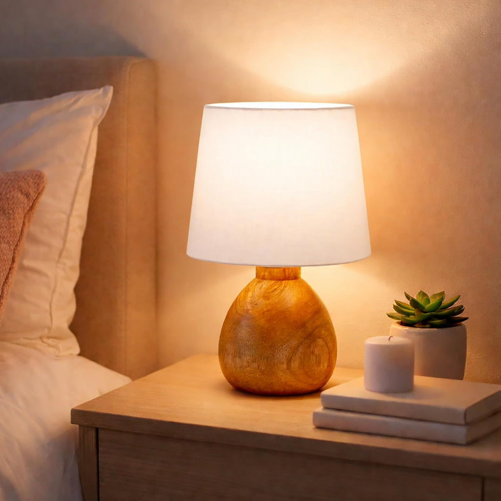 Cute Dowel Pot Wooden Table Lamp for Bedroom, Small Table Lamp Farmhouse Rustic Lamp Set Bedside Table Lamps for Nightstand Side Table Lamps for Living Room for Bedroom, Home Office, Living Room, Kids Dorm White