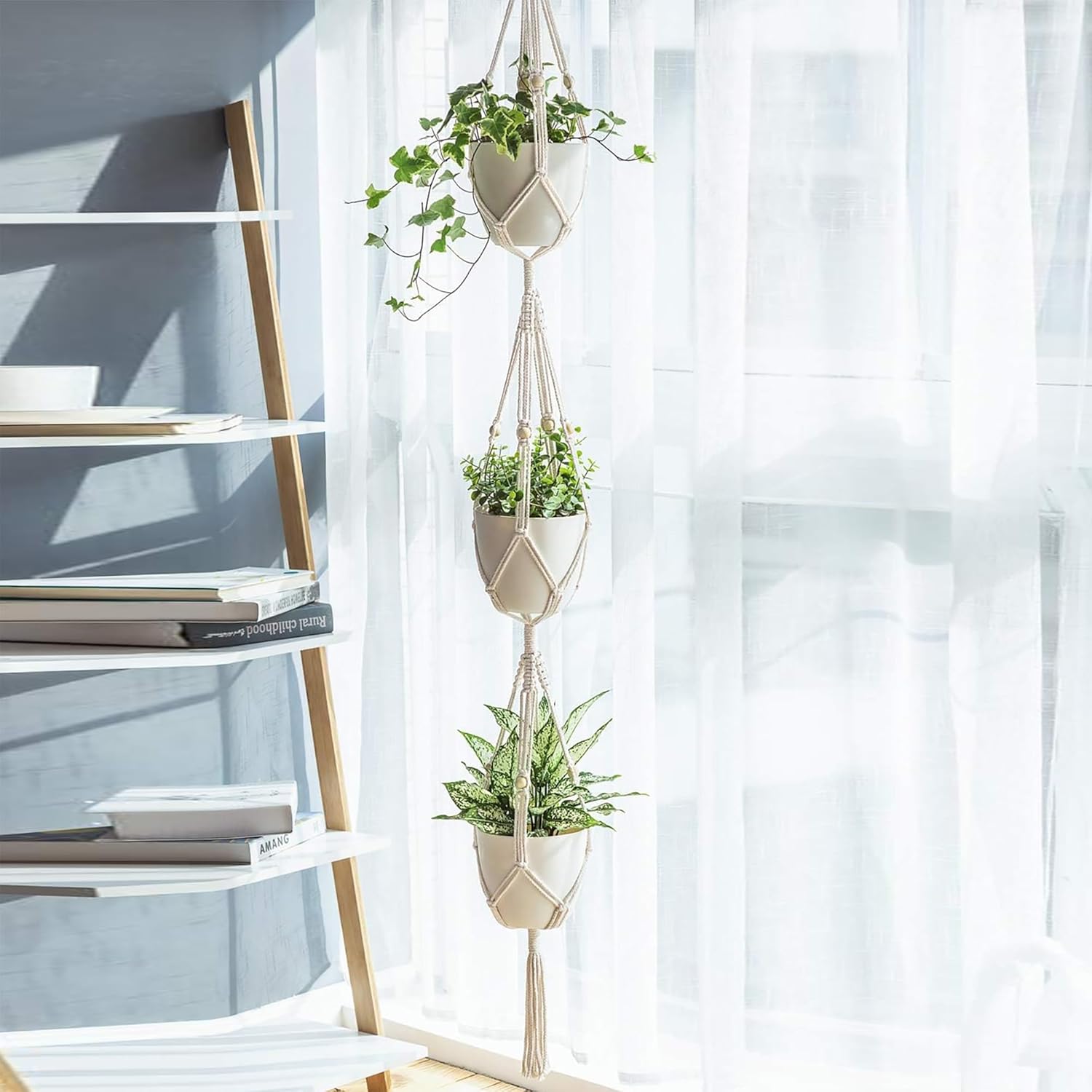 Macrame Plant Hanger 3 Tier Indoor Outdoor Hanging Planter Basket Cotton Rope with Beads 70 Inches 2 pack