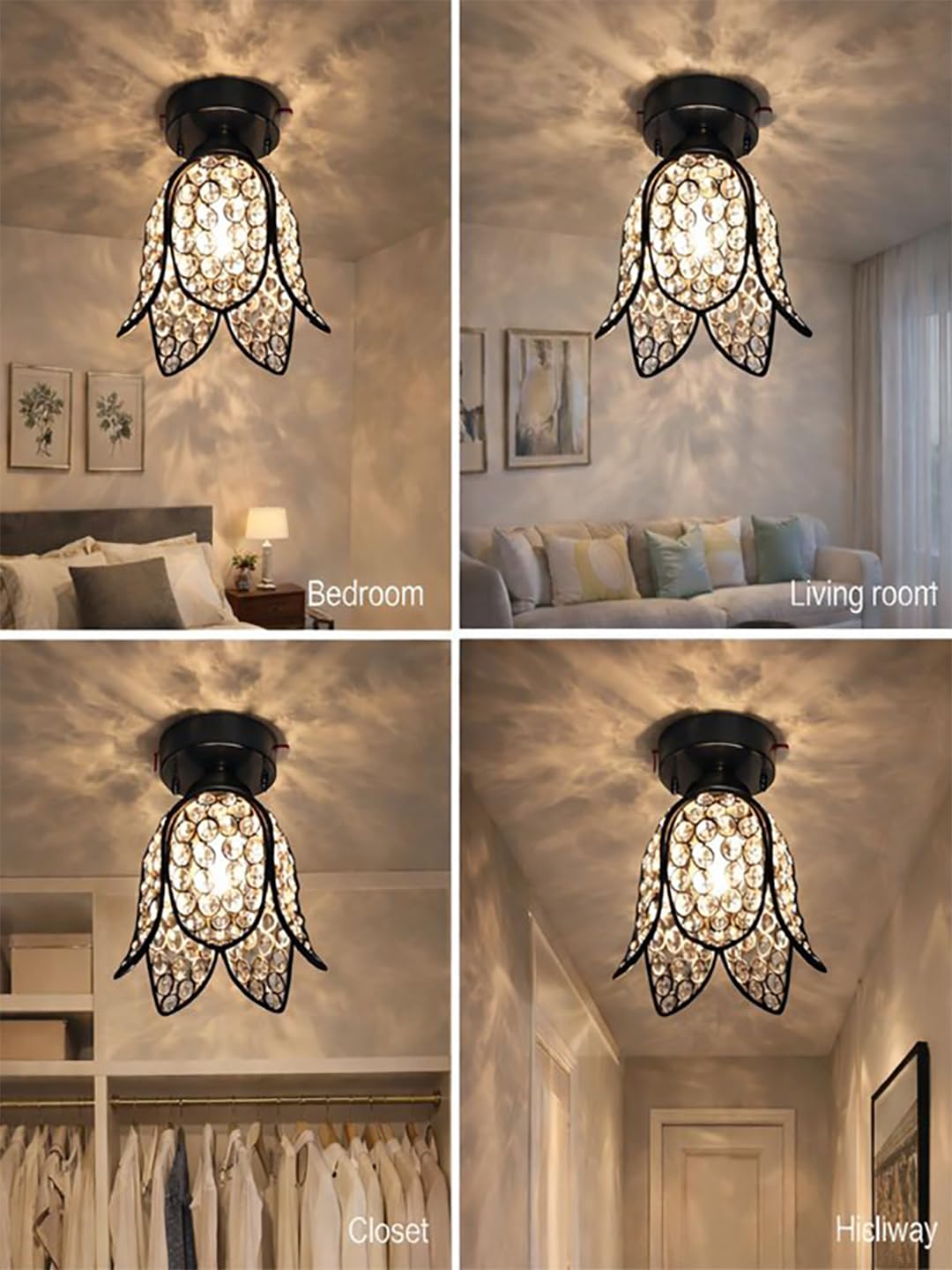 Modern Crystal Flush Mount Ceiling Light | Gold Finish Decorative Ceiling Lamp for Hallway, Bedroom, Living Room, Balcony & Foyer | Warm Light Home Decor Fixture (Black Lotus)