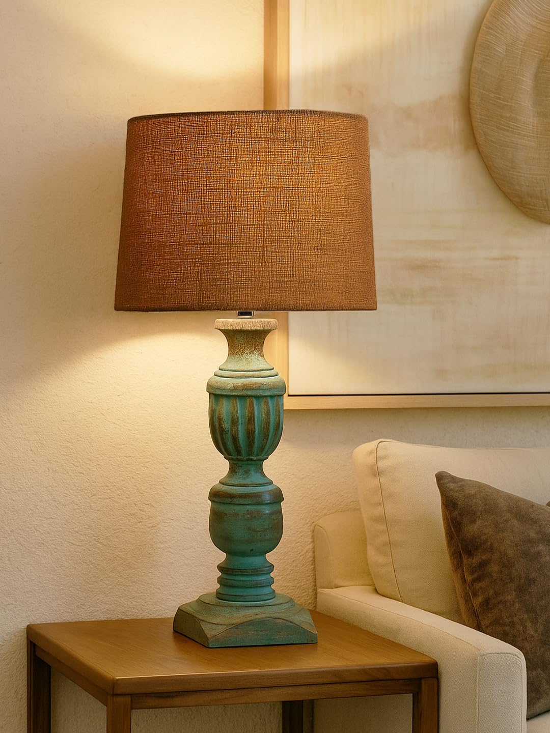 Decorcity Vintage Rustic Wooden Table Lamp for Living Room & Bedroom | Handcrafted Teal Distressed Base with Fabric Drum Shade | Bedside Nightstand Lamp for Home Décor (Jute)