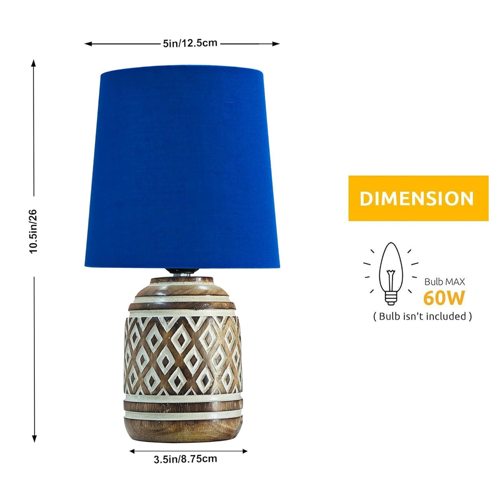 Antique Carved Cylinder Wood Table Lamp with Linen Wooden Nightstand Lamp Kids Table Lamp for Bedroom Kids Bedside Cartoon Nursery Lamp Lampshade for Girls Boys Living Room Blue