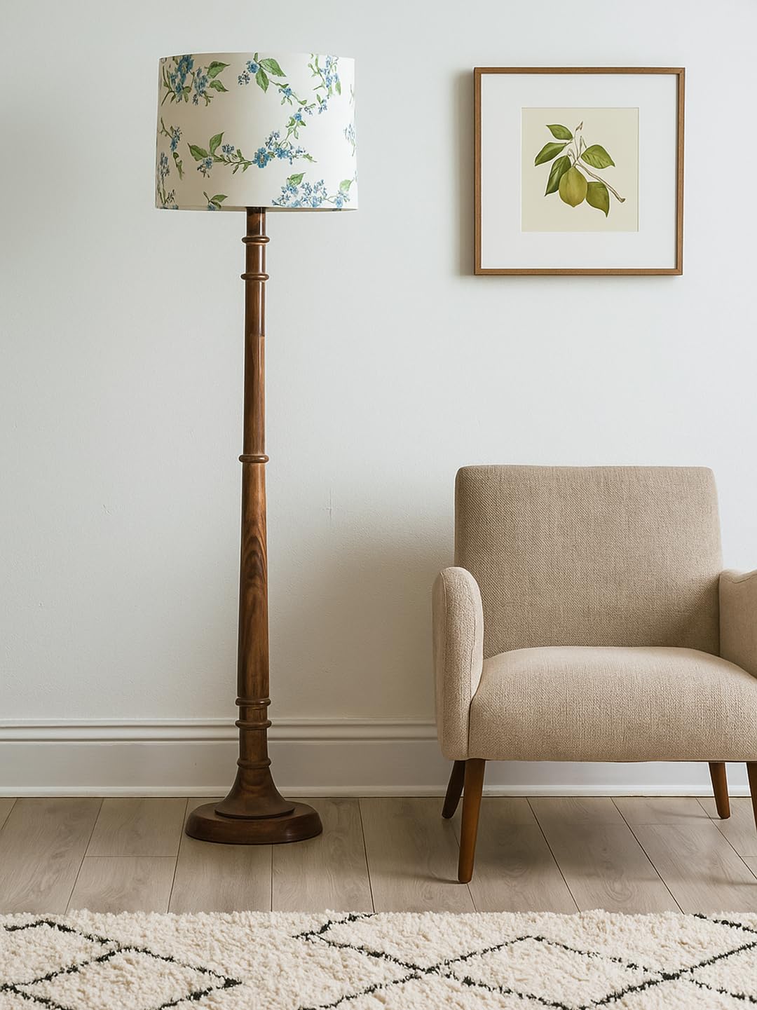 Decorcity Rustic Walnut Brown Wood Floor Lamp with Multicolor Fabric Shade Antique Style Bedside, Living Room, Bedroom, Corner, Light Décor (Tulib Cornflower)