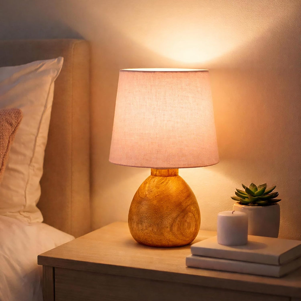 Cute Dowel Pot Wooden Table Lamp for Bedroom, Small Table Lamp Farmhouse Rustic Lamp Set Bedside Table Lamps for Nightstand Side Table Lamps for Living Room for Bedroom, Home Office, Living Room, Kids Dorm Pink