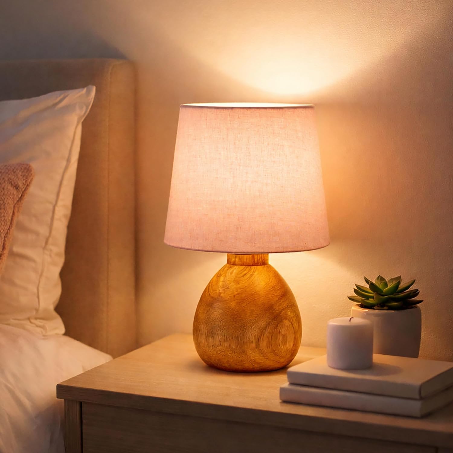 Cute Dowel Pot Wooden Table Lamp for Bedroom, Small Table Lamp Farmhouse Rustic Lamp Set Bedside Table Lamps for Nightstand Side Table Lamps for Living Room for Bedroom, Home Office, Living Room, Kids Dorm Pink