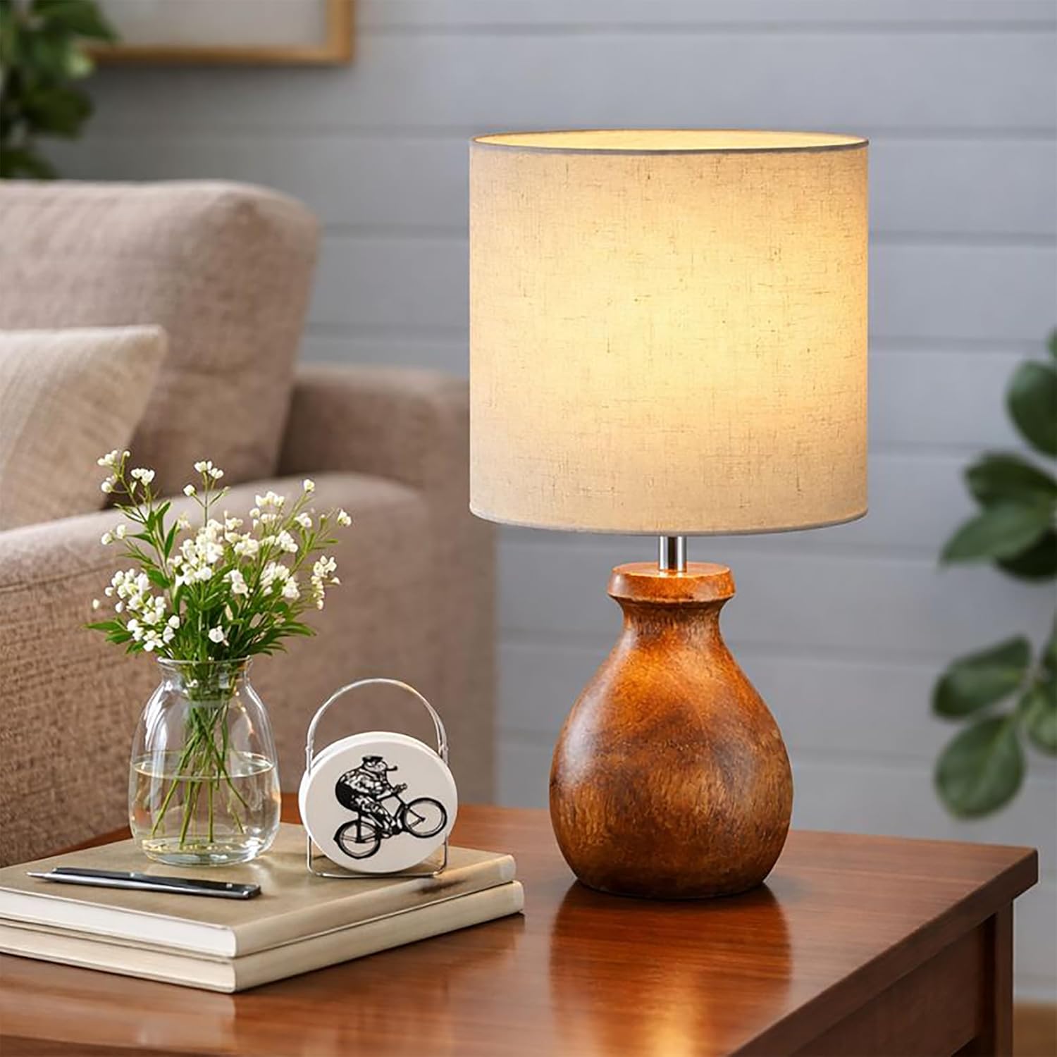 Mini Farmhouse Wooden Dome Dowel Pot Table Lamps Vintage Small Lamps Decorative for Small Spaces Bedside Lamps Suitable for Nightstand Children's Room or University Dormitory Beige